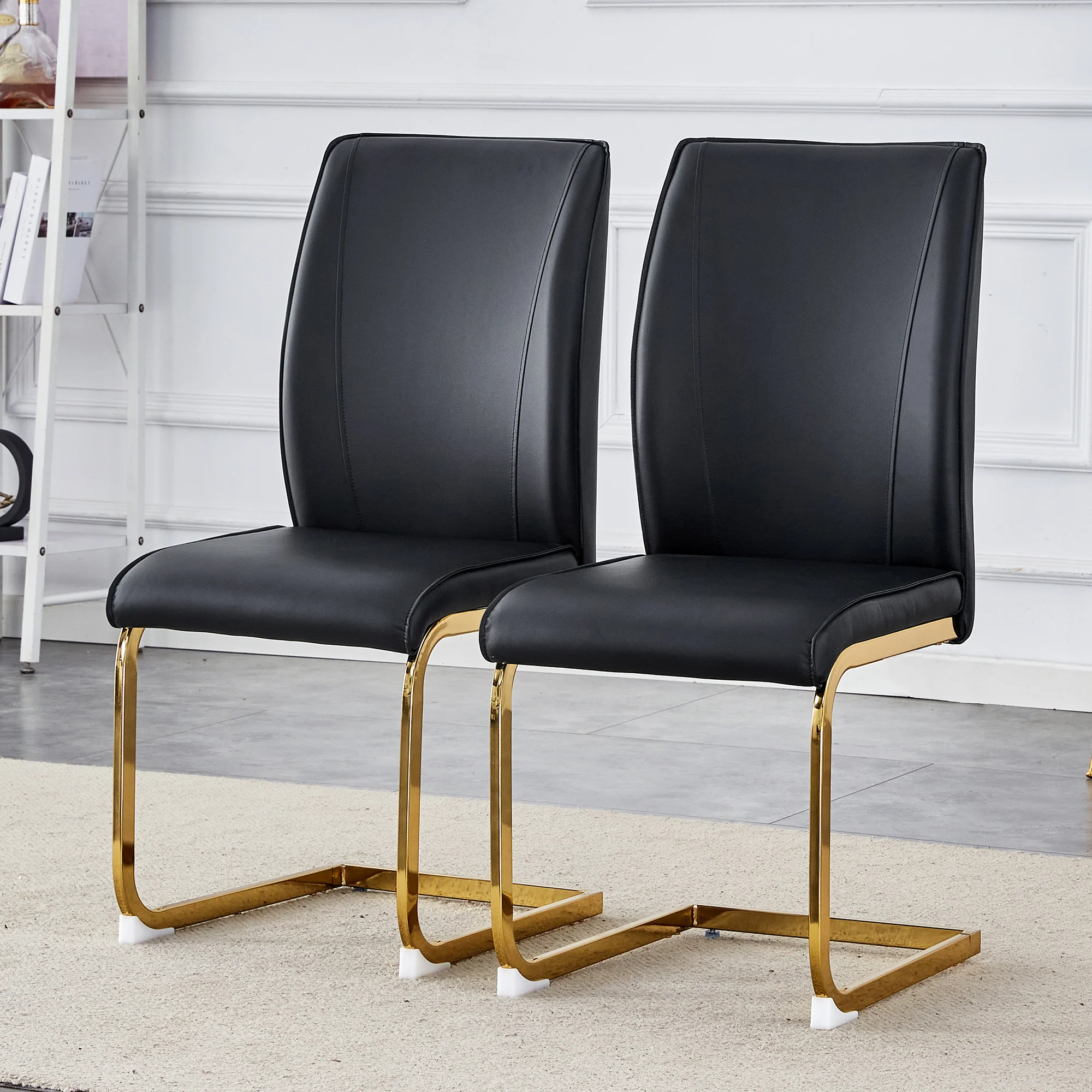 Chair Set 2-Piece Elegant Comfort PU Seat - Black/Gold Metal Legs - Image 2