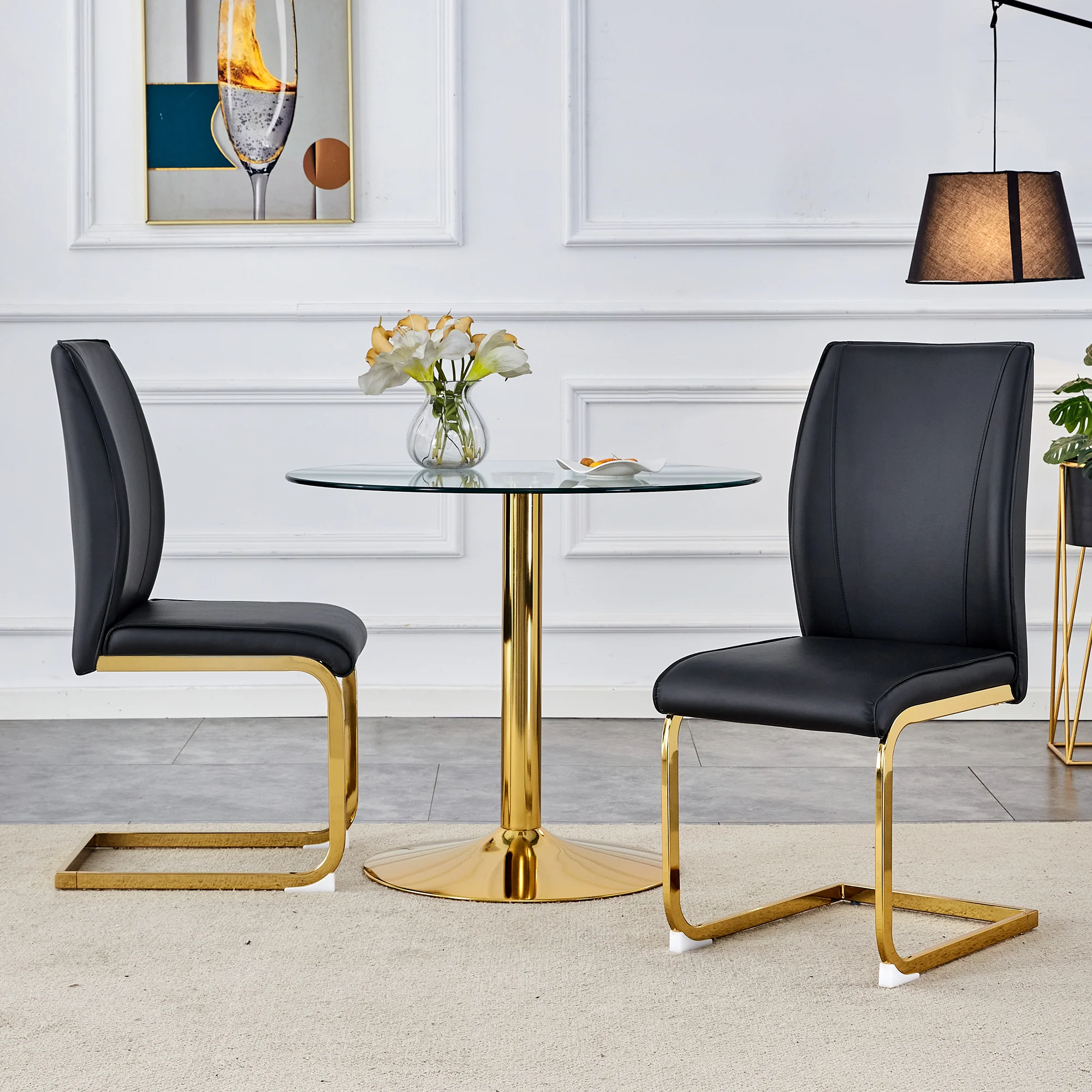 Chair Set 2-Piece Elegant Comfort PU Seat - Black/Gold Metal Legs - Image 3