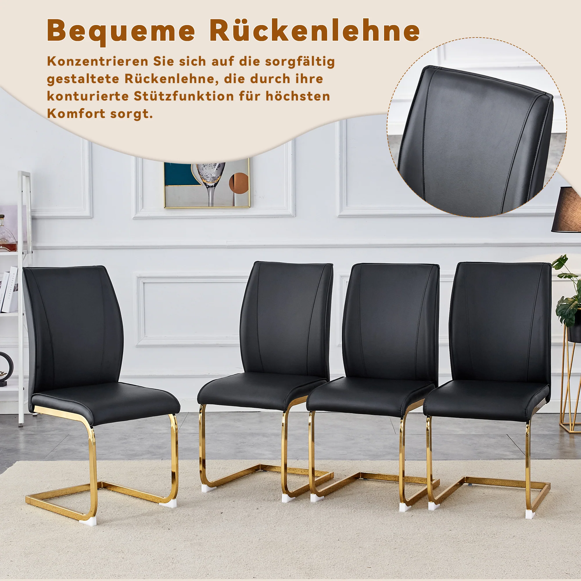 Chair Set 2-Piece Elegant Comfort PU Seat - Black/Gold Metal Legs - Image 6