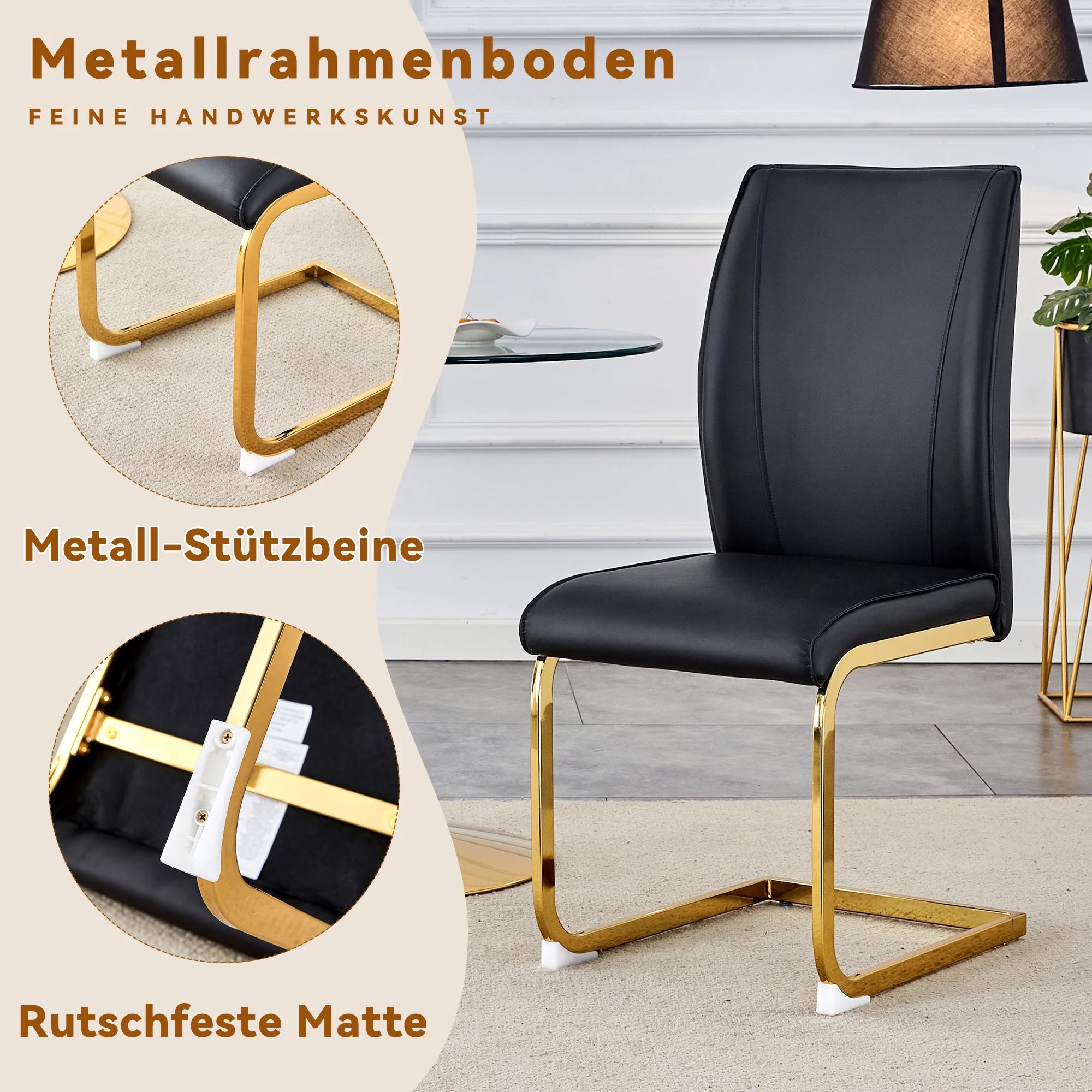 Chair Set 2-Piece Elegant Comfort PU Seat - Black/Gold Metal Legs - Image 7