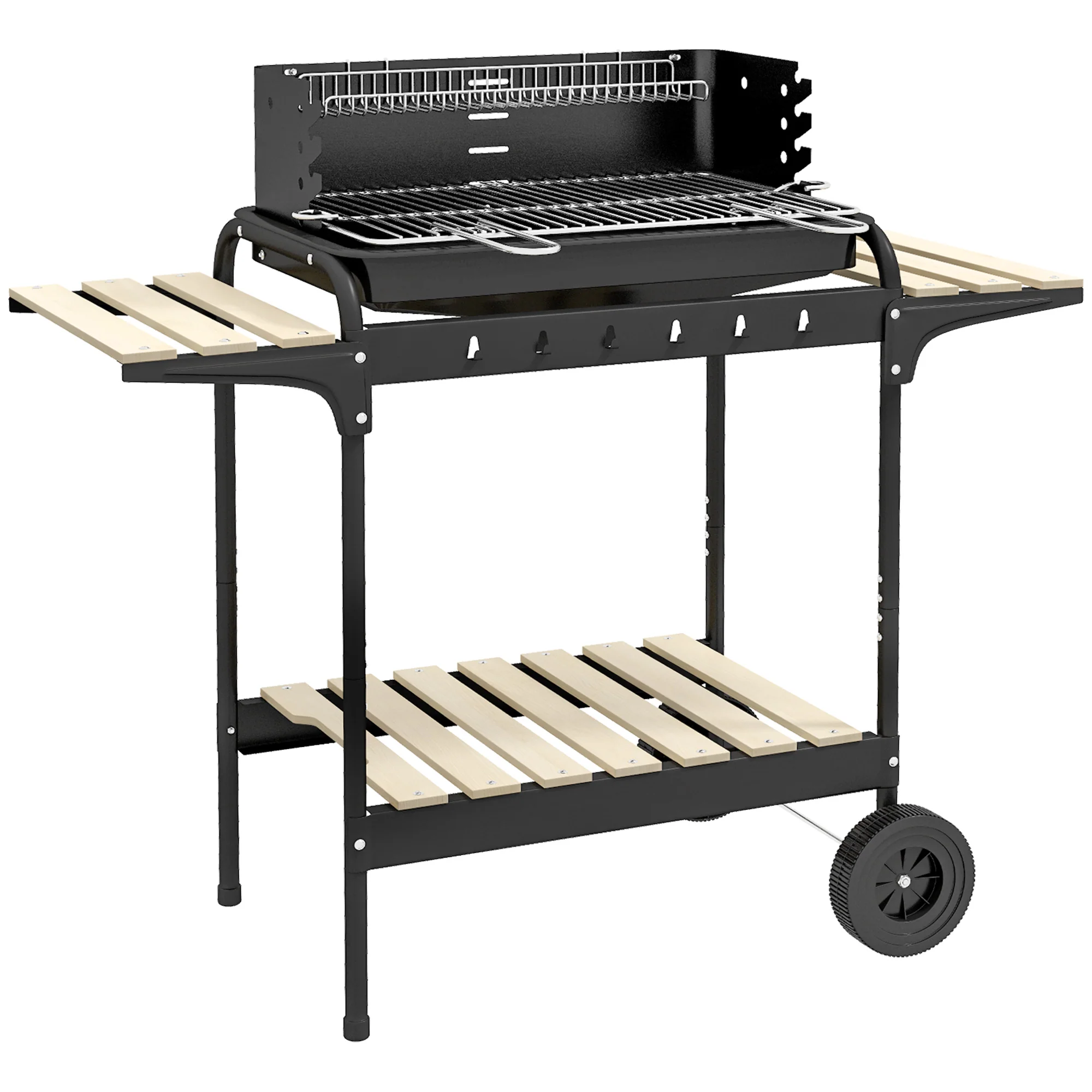 Charcoal Grill BBQ Smoker with Wheels, Adjustable Grate, Wood Shelf, Metal - Image 2