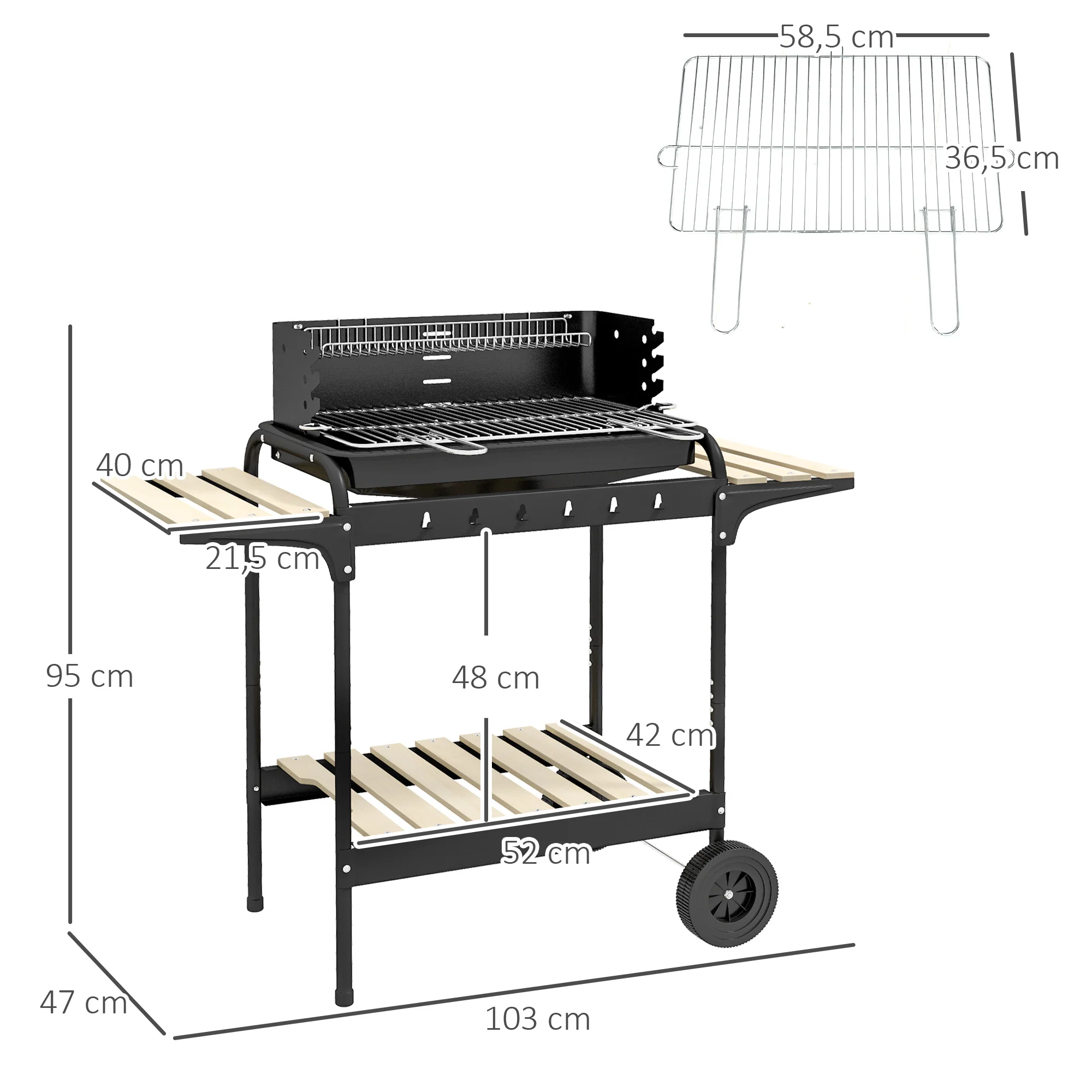 Charcoal Grill BBQ Smoker with Wheels, Adjustable Grate, Wood Shelf, Metal - Image 3