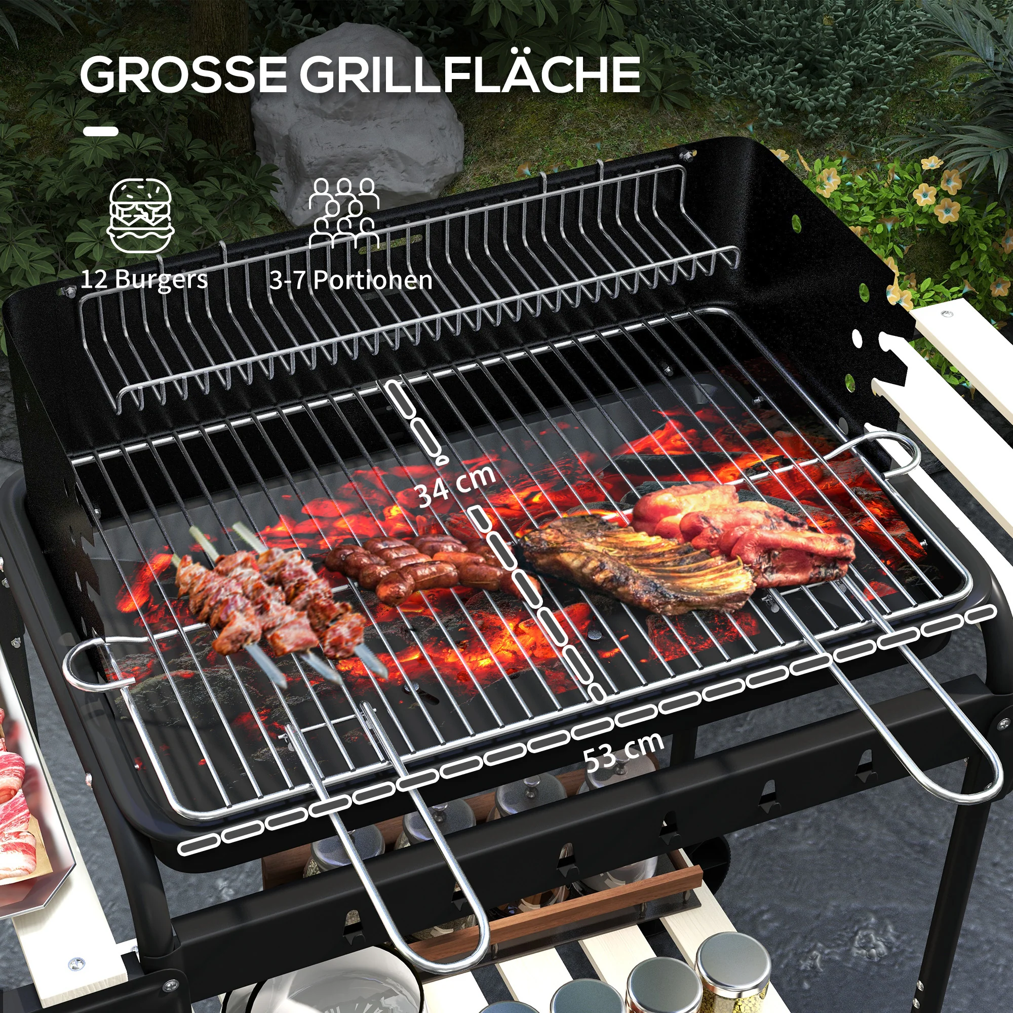 Charcoal Grill BBQ Smoker with Wheels, Adjustable Grate, Wood Shelf, Metal - Image 4