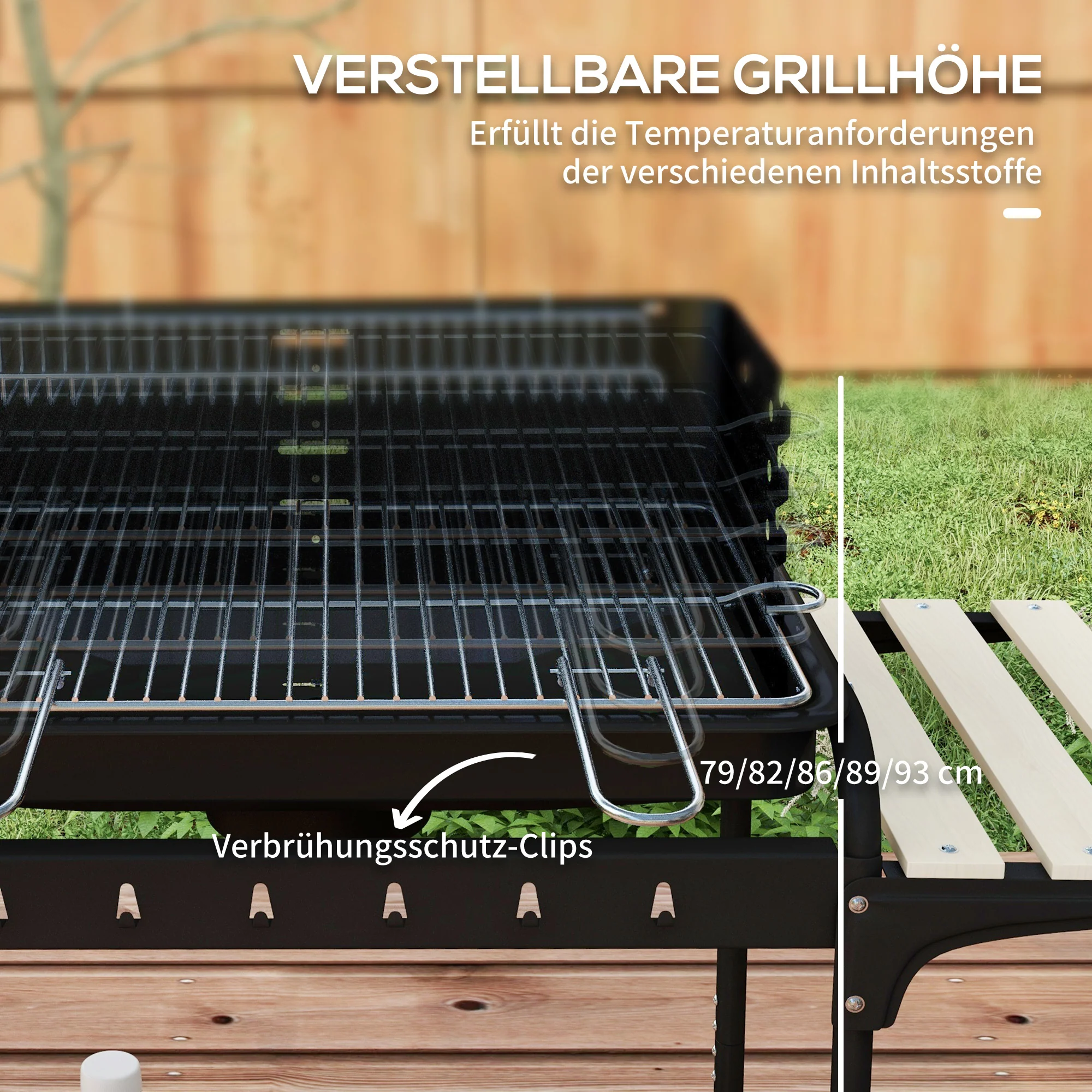 Charcoal Grill BBQ Smoker with Wheels, Adjustable Grate, Wood Shelf, Metal - Image 5