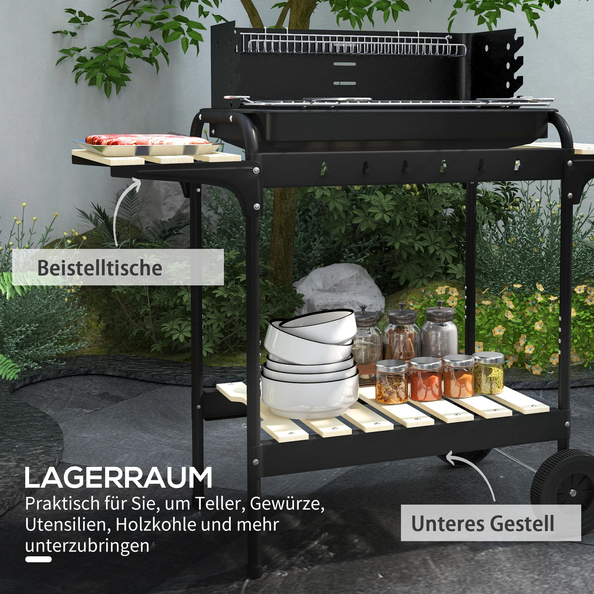 Charcoal Grill BBQ Smoker with Wheels, Adjustable Grate, Wood Shelf, Metal - Image 6