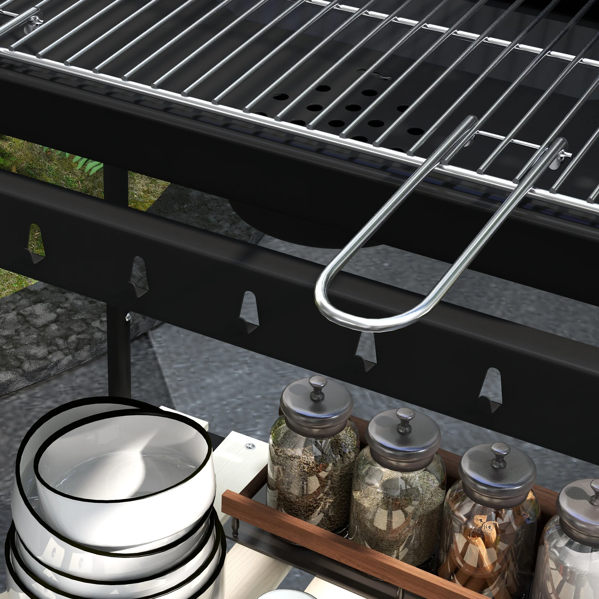 Charcoal Grill BBQ Smoker with Wheels, Adjustable Grate, Wood Shelf, Metal - Image 8