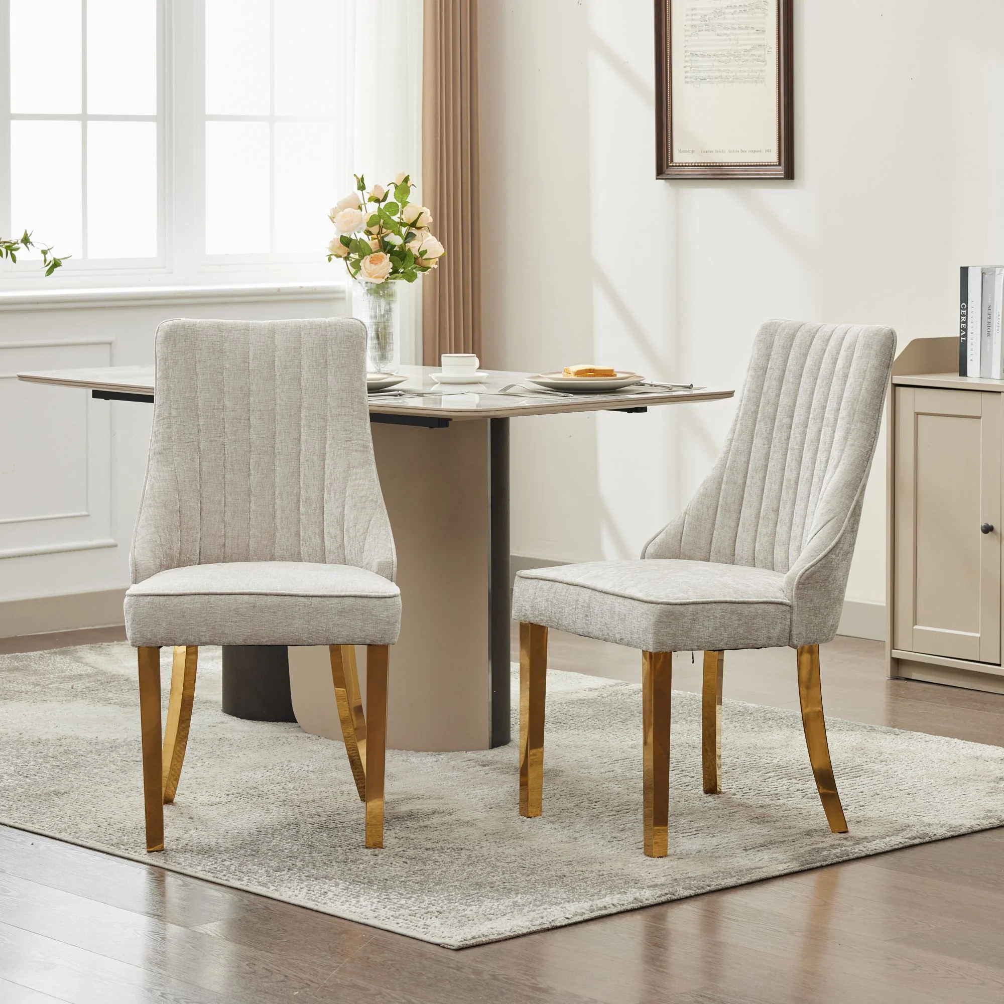 Chenille Dining Chairs Set of 2, Channel Upholstered, Golden Stainless Steel Legs, Beige