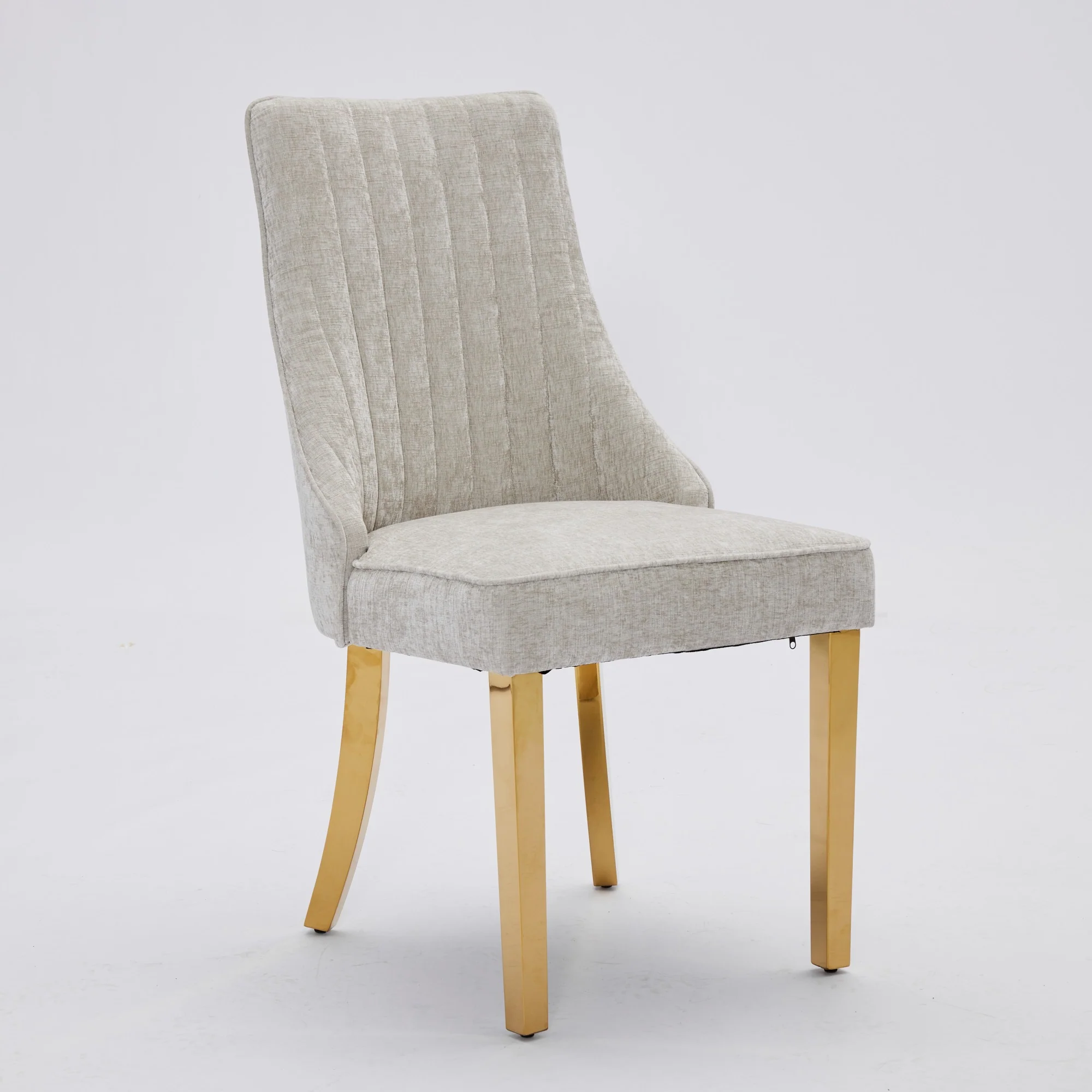 Chenille Dining Chairs Set of 2, Channel Upholstered, Golden Stainless Steel Legs, Beige - Image 3