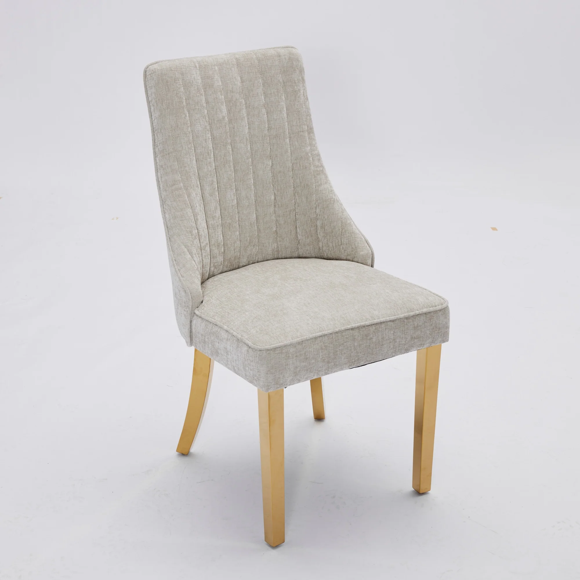 Chenille Dining Chairs Set of 2, Channel Upholstered, Golden Stainless Steel Legs, Beige - Image 4