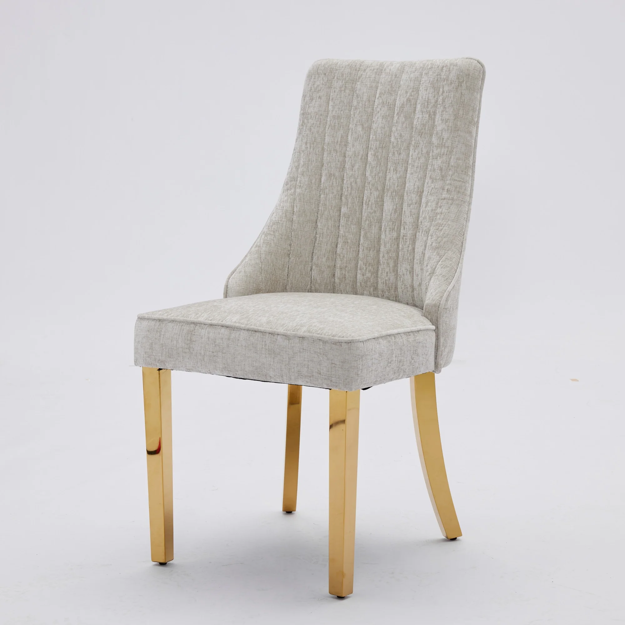 Chenille Dining Chairs Set of 2, Channel Upholstered, Golden Stainless Steel Legs, Beige - Image 8