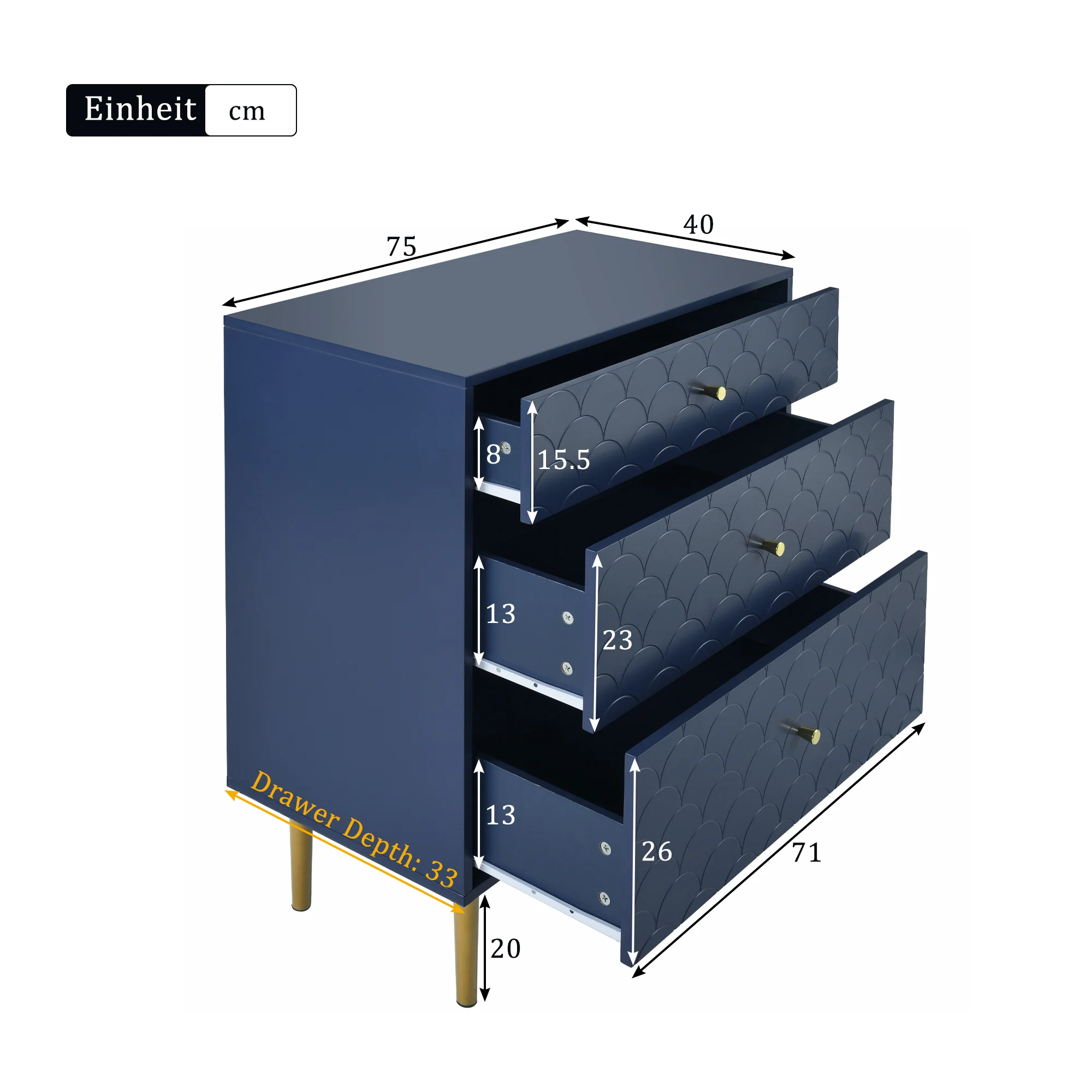 Chest of Drawers 3-Drawer Sideboard Highboard - Navy Blue - Image 2