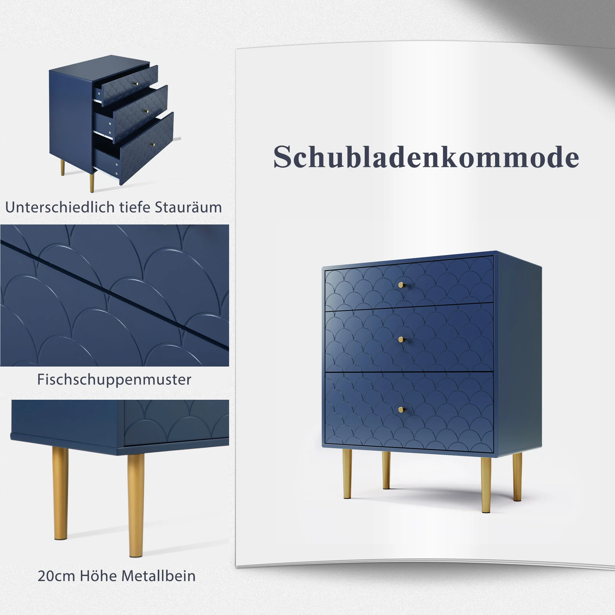 Chest of Drawers 3-Drawer Sideboard Highboard - Navy Blue - Image 4