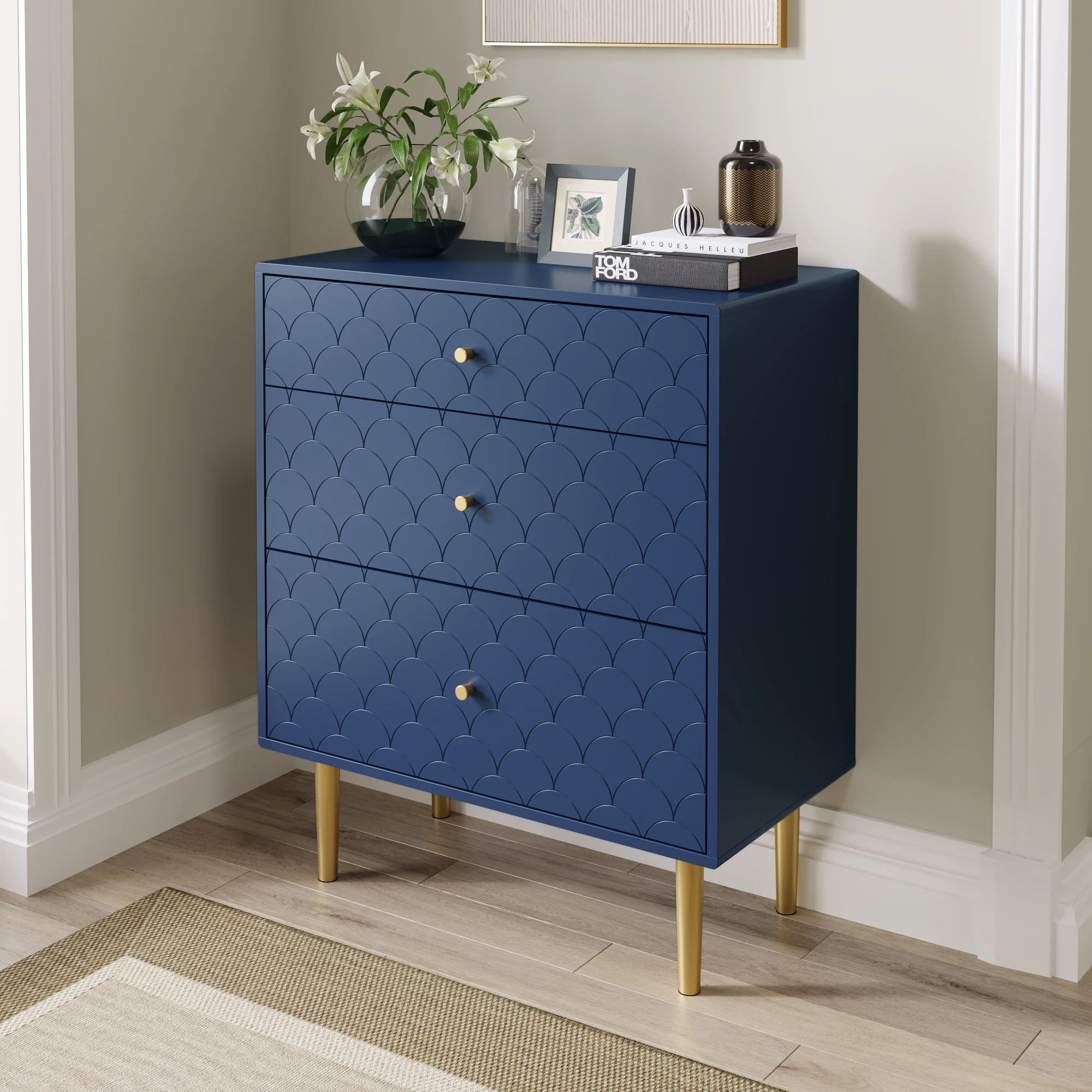 Chest of Drawers 3-Drawer Sideboard Highboard - Navy Blue - Image 5