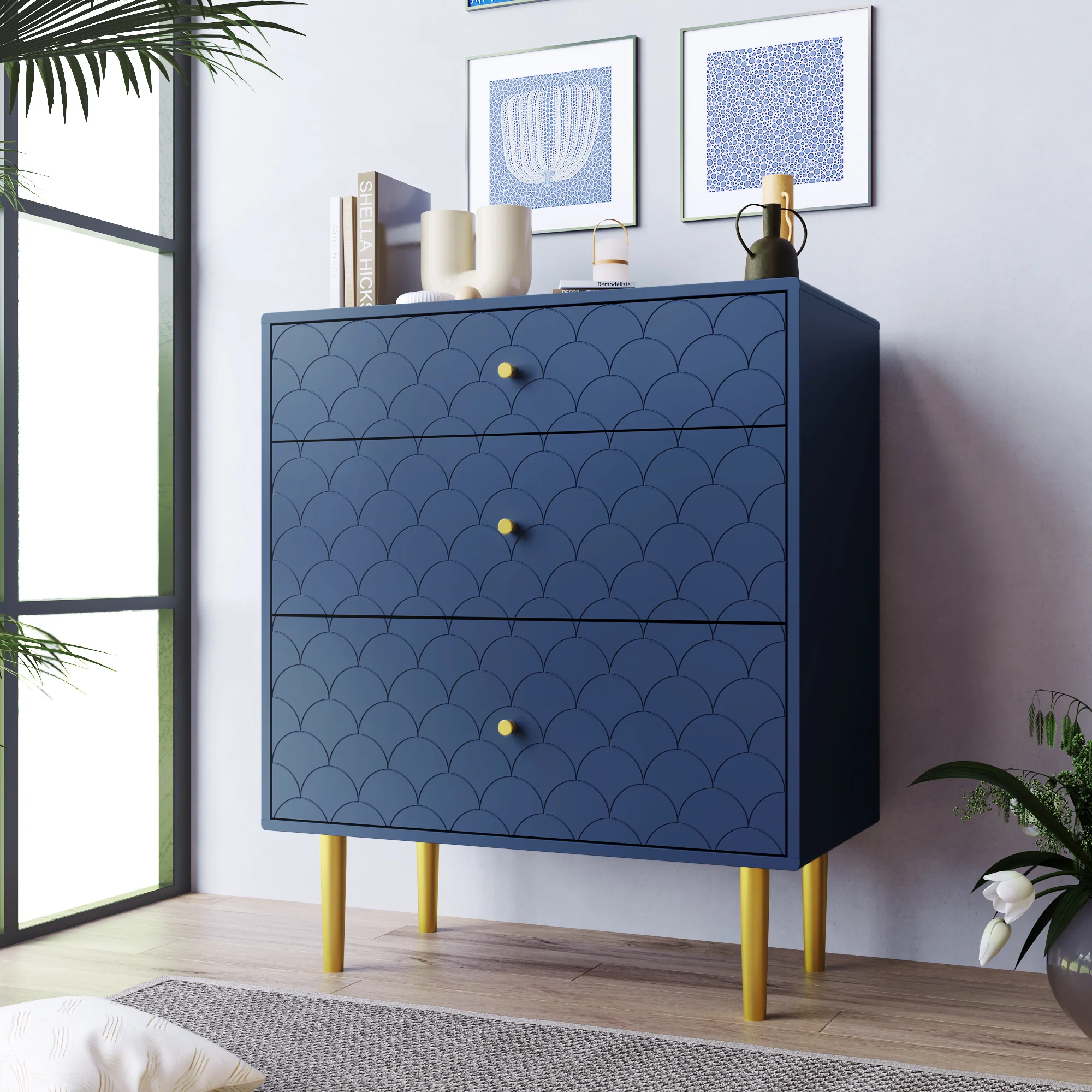Chest of Drawers 3-Drawer Sideboard Highboard - Navy Blue - Image 6