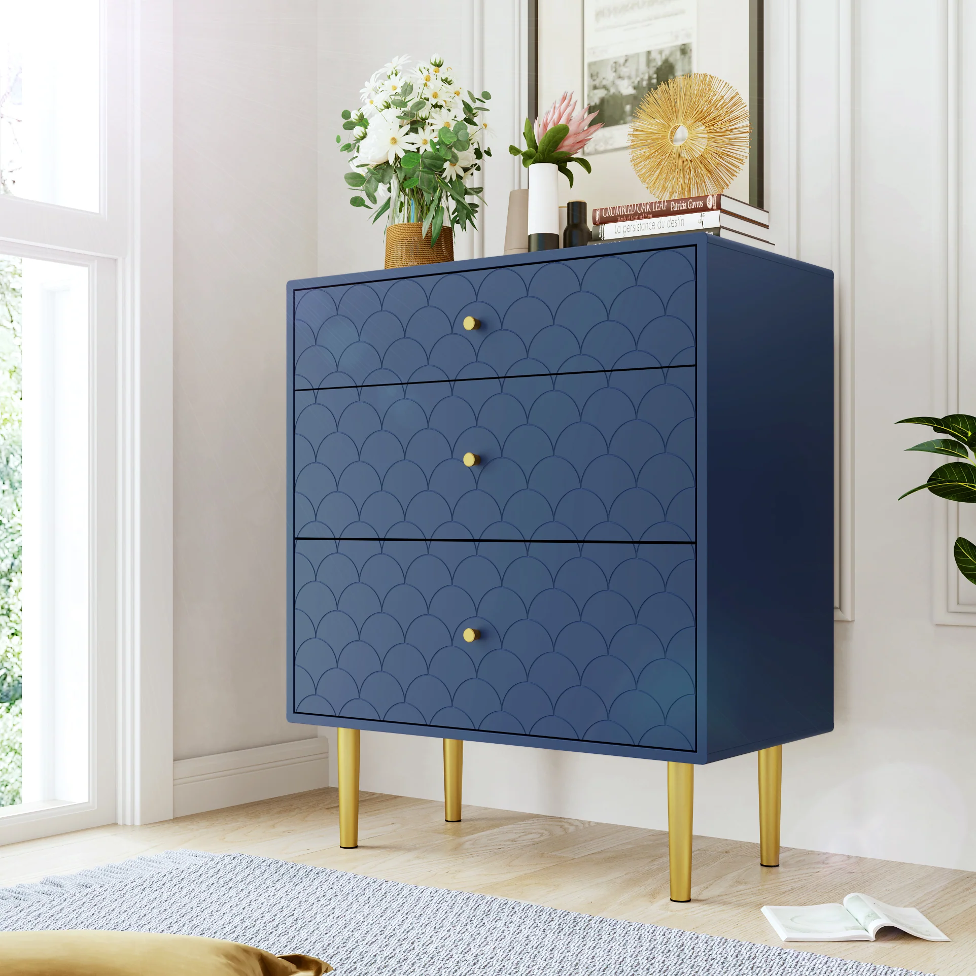Chest of Drawers 3-Drawer Sideboard Highboard - Navy Blue - Image 8