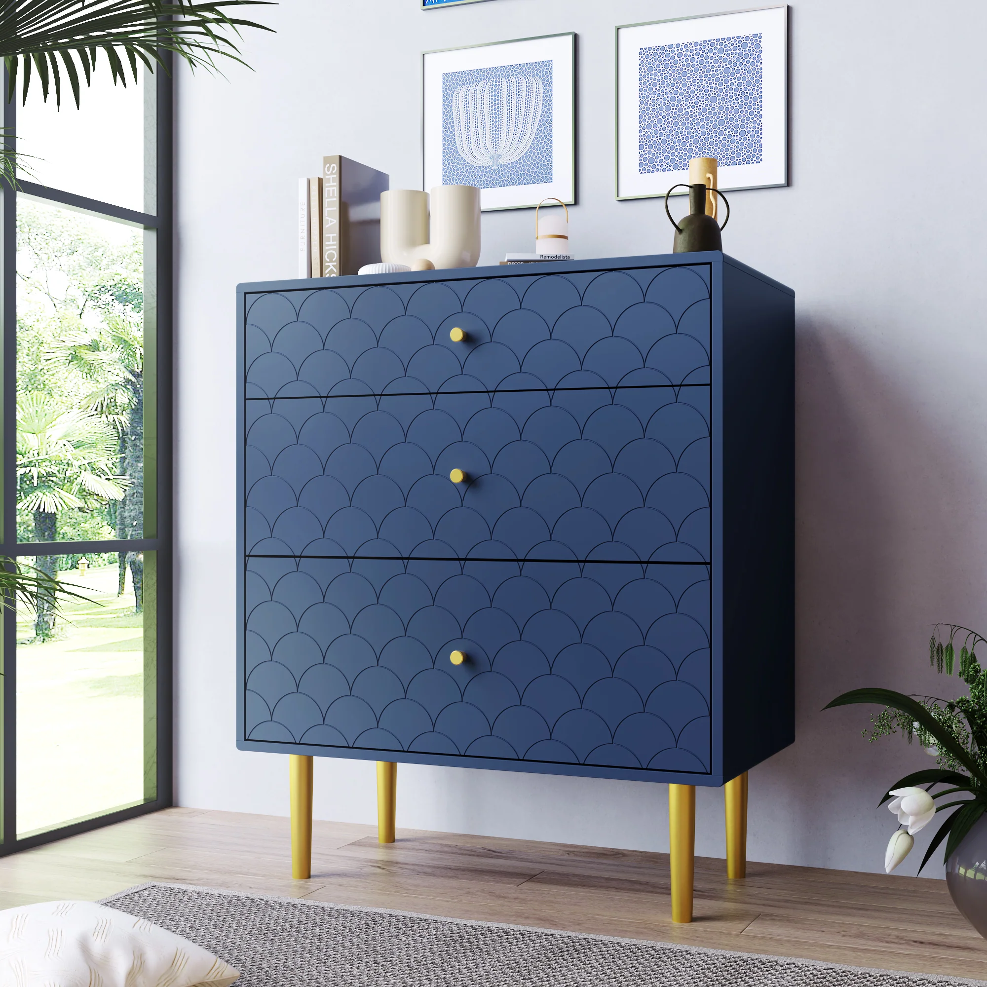 Chest of Drawers 3-Drawer Sideboard Highboard - Navy Blue - Image 9