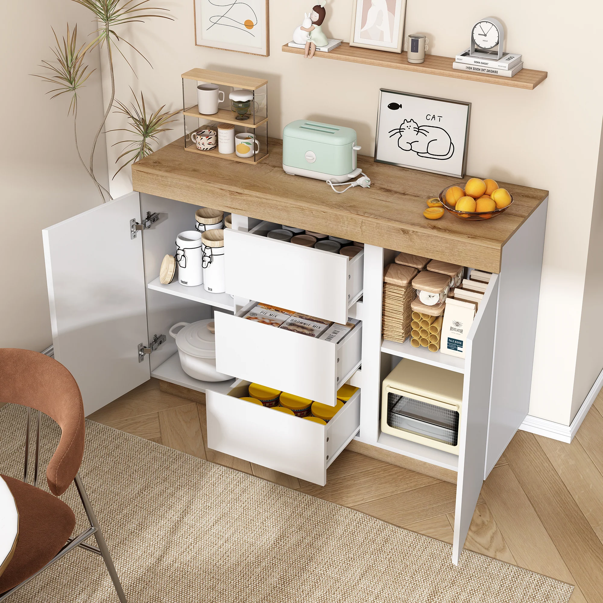Chest of Drawers 3 Drawers 2 Doors Lockable Storage - White/Oak Chipboard