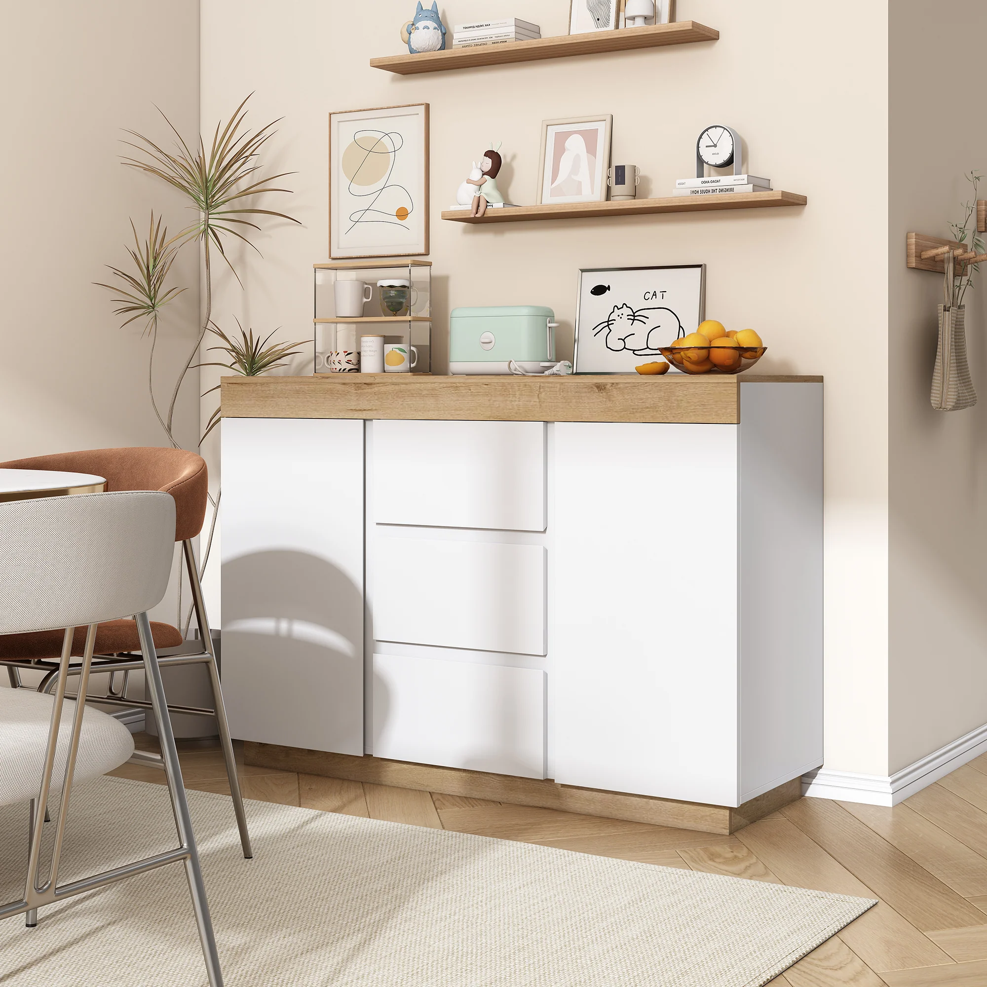 Chest of Drawers 3 Drawers 2 Doors Lockable Storage - White/Oak Chipboard - Image 2