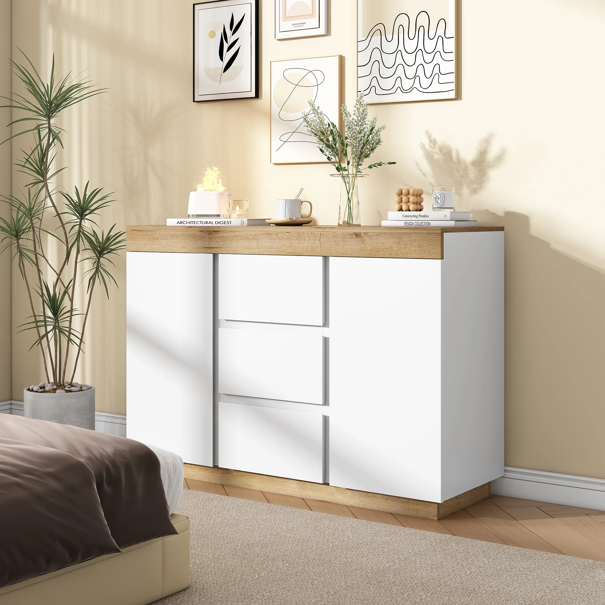 Chest of Drawers 3 Drawers 2 Doors Lockable Storage - White/Oak Chipboard - Image 3