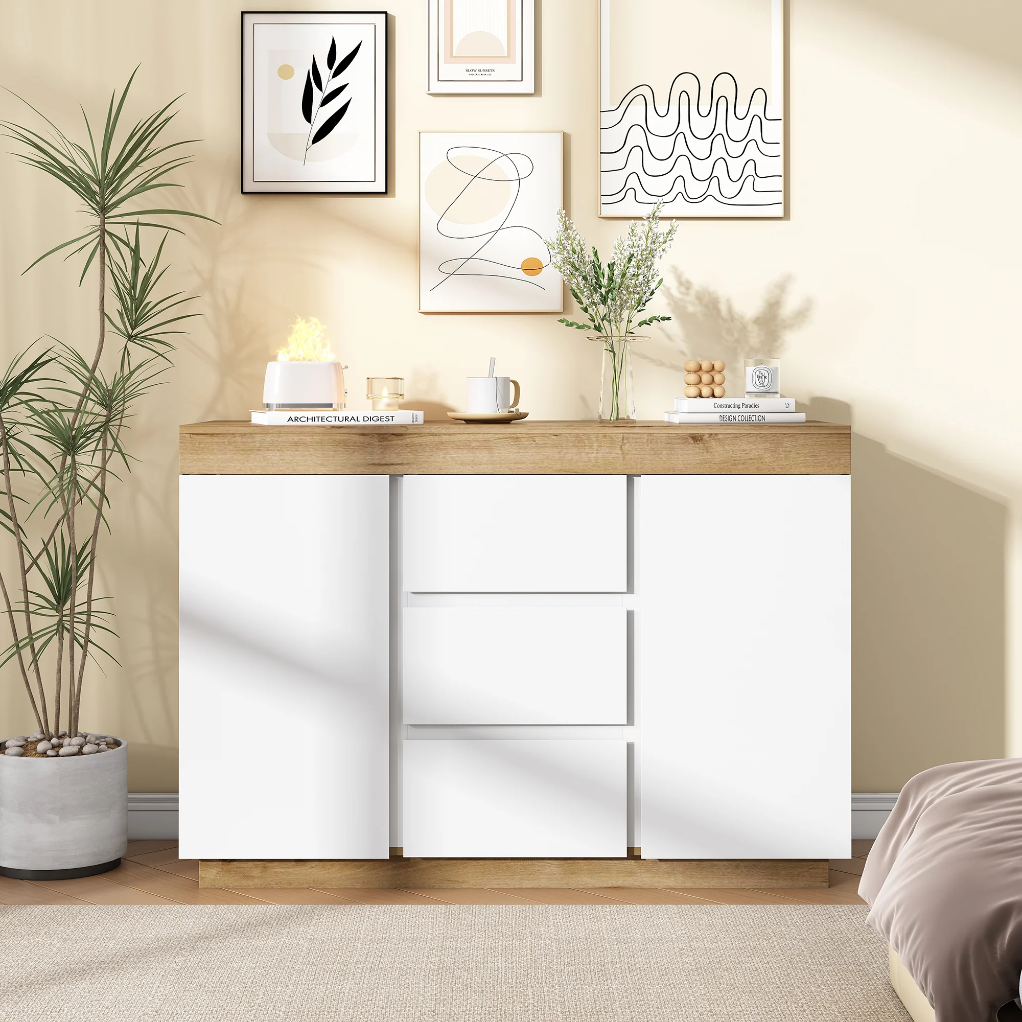 Chest of Drawers 3 Drawers 2 Doors Lockable Storage - White/Oak Chipboard - Image 4