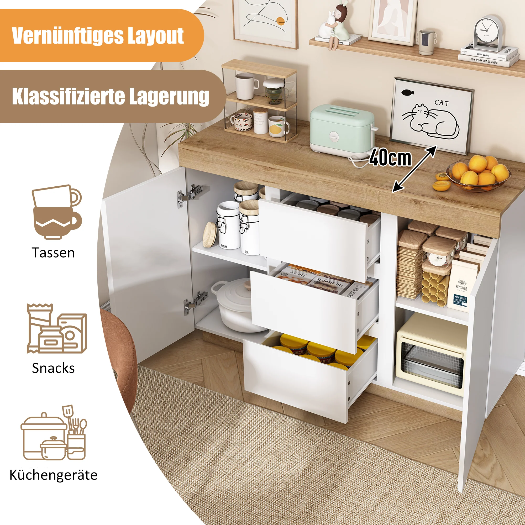 Chest of Drawers 3 Drawers 2 Doors Lockable Storage - White/Oak Chipboard - Image 5