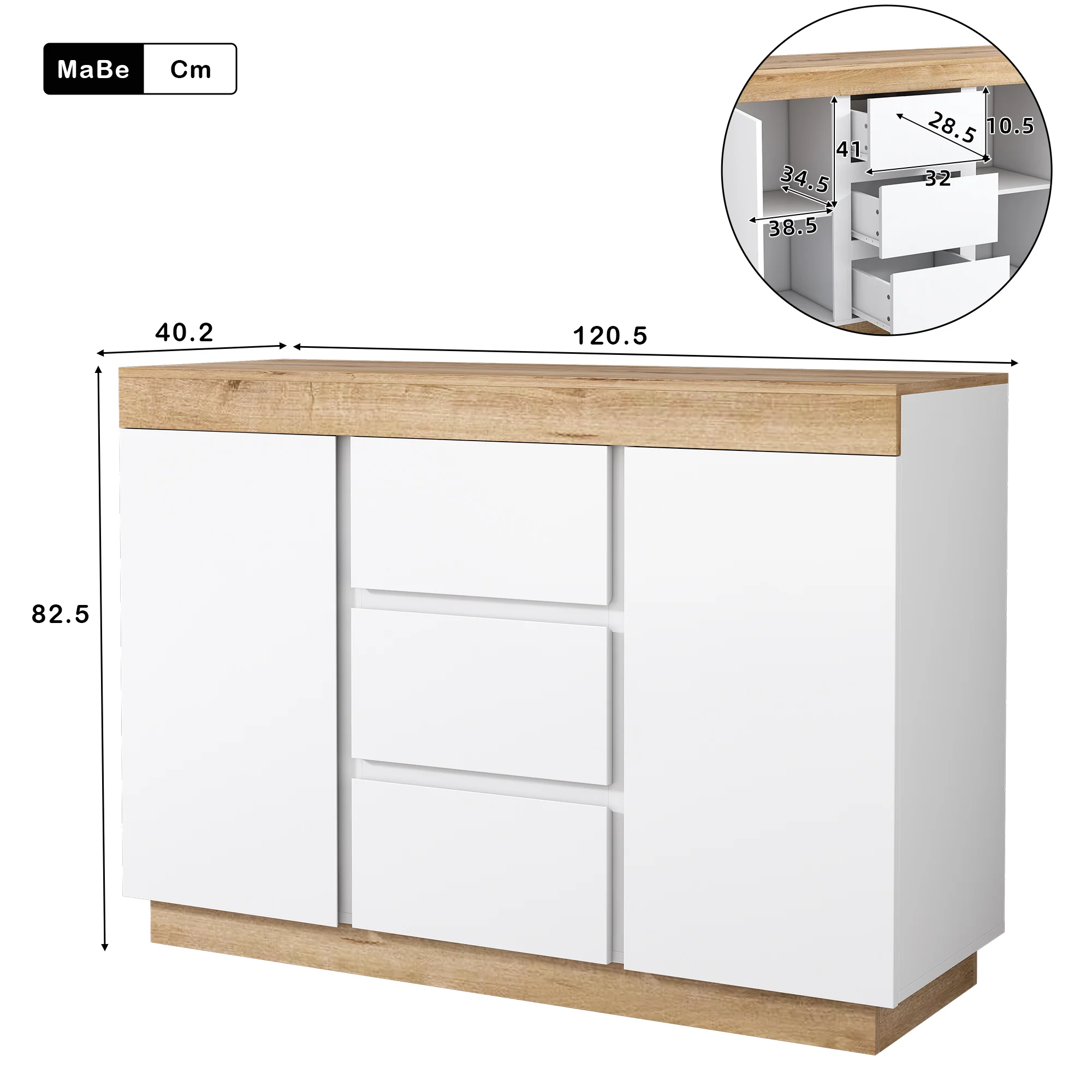 Chest of Drawers 3 Drawers 2 Doors Lockable Storage - White/Oak Chipboard - Image 6