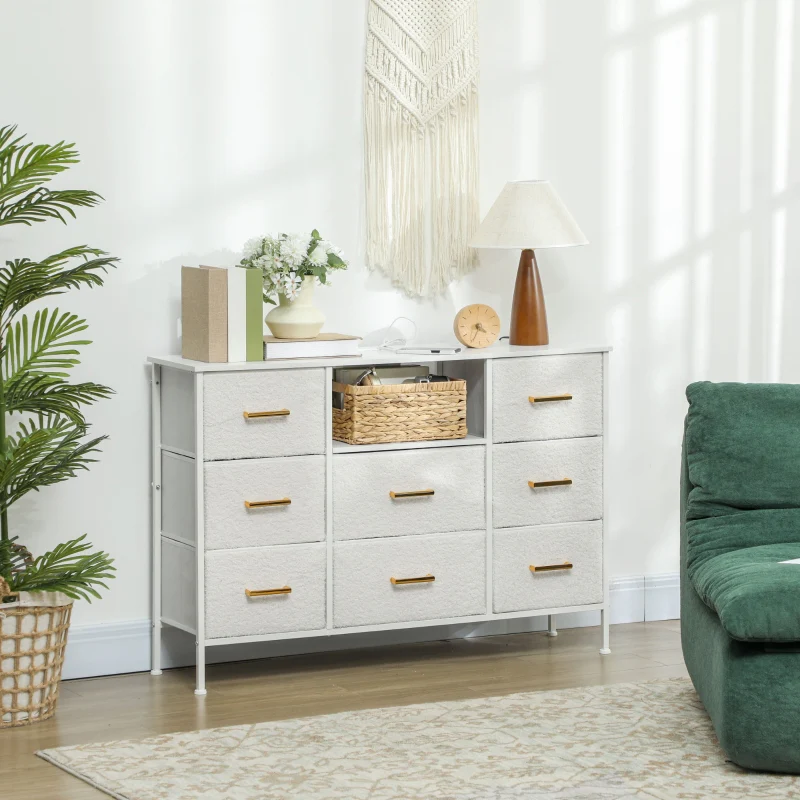 Chest of Drawers 8 Fabric Drawers Power Strip Steel Frame - Cream White