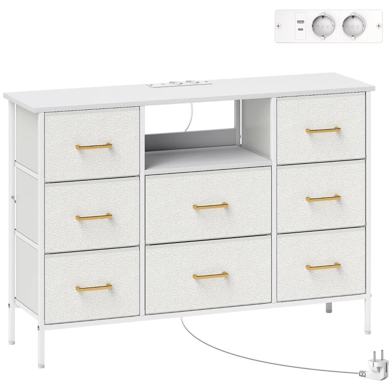 Chest of Drawers 8 Fabric Drawers Power Strip Steel Frame - Cream White - Image 2