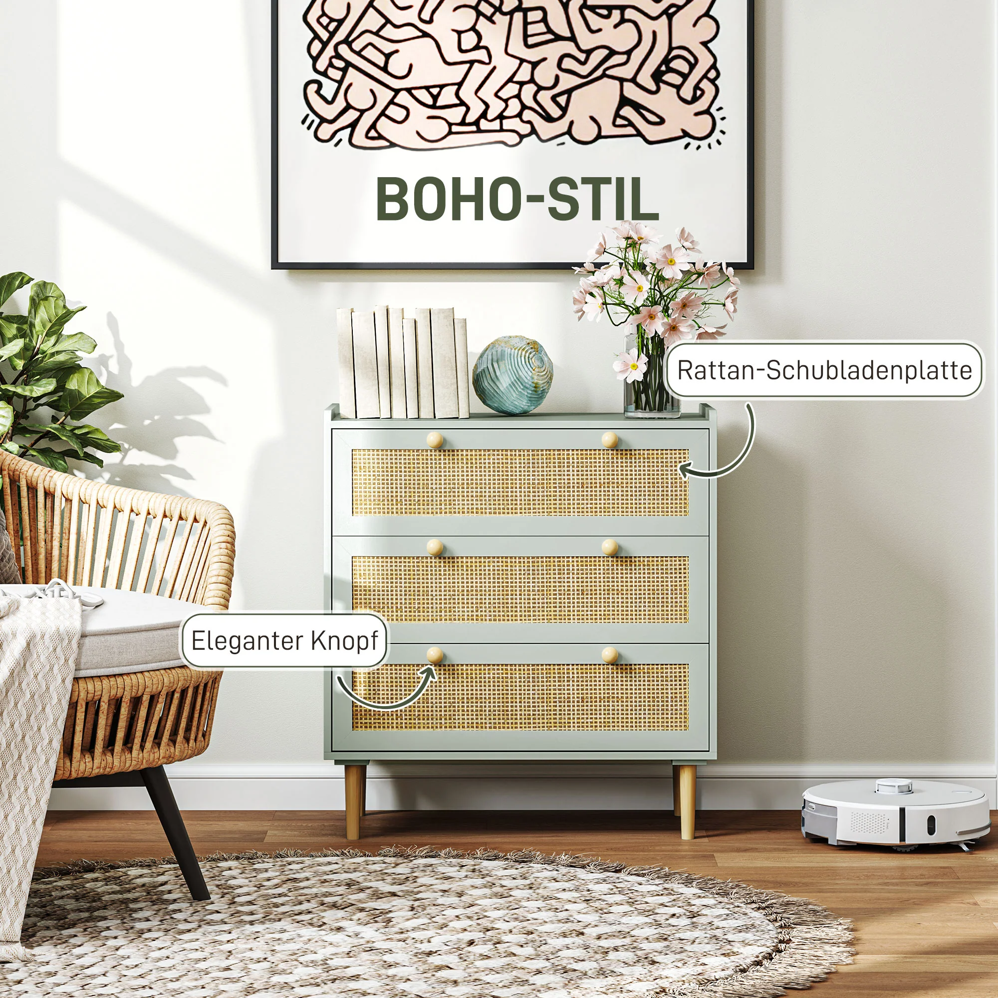 Chest of Drawers/Sideboard, 3 Drawers Boho Rattan Look, Light Blue - Image 5