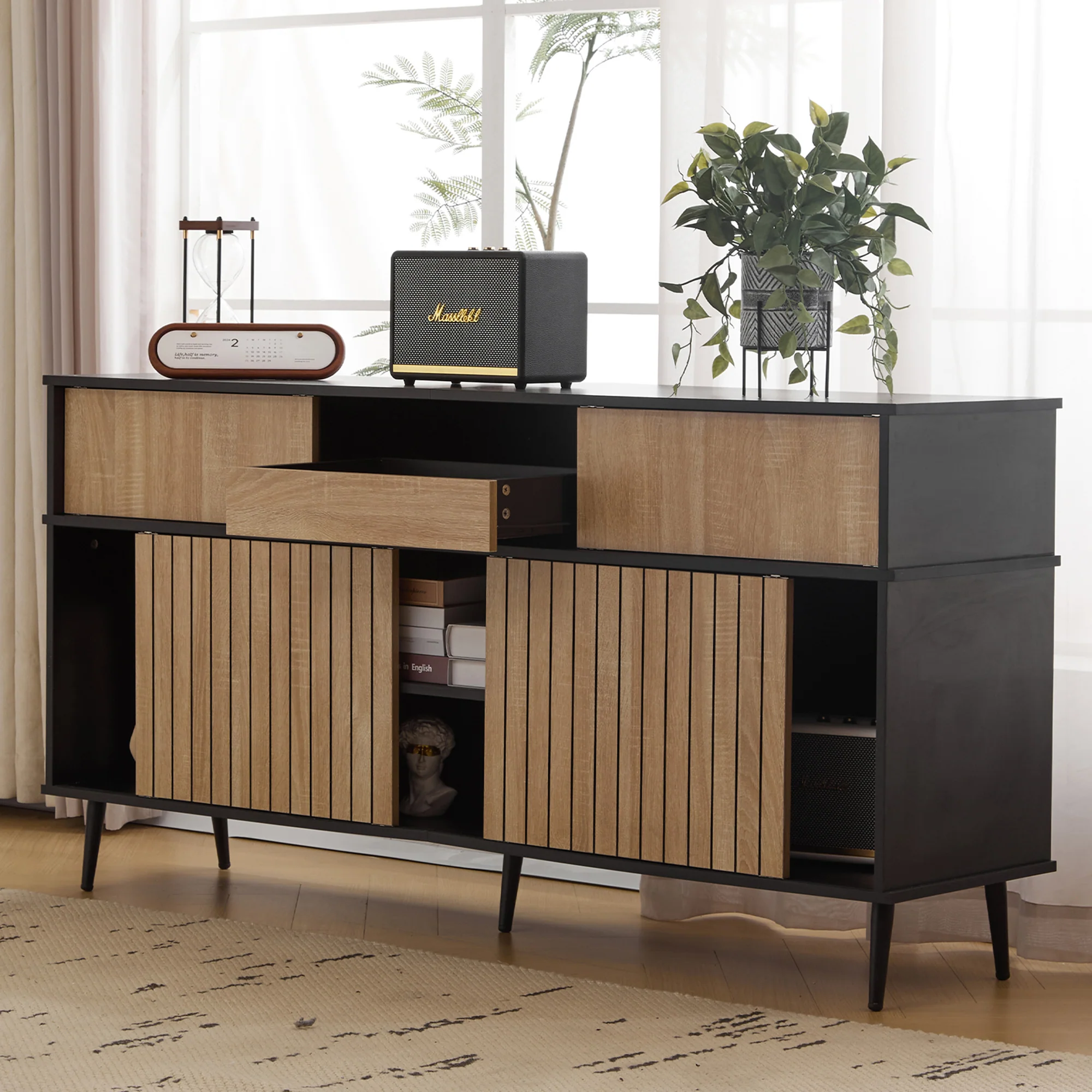 Chest of drawers with 4 sliding doors and 1 drawer, oak and black, 160W x 40D x 80H - Image 6
