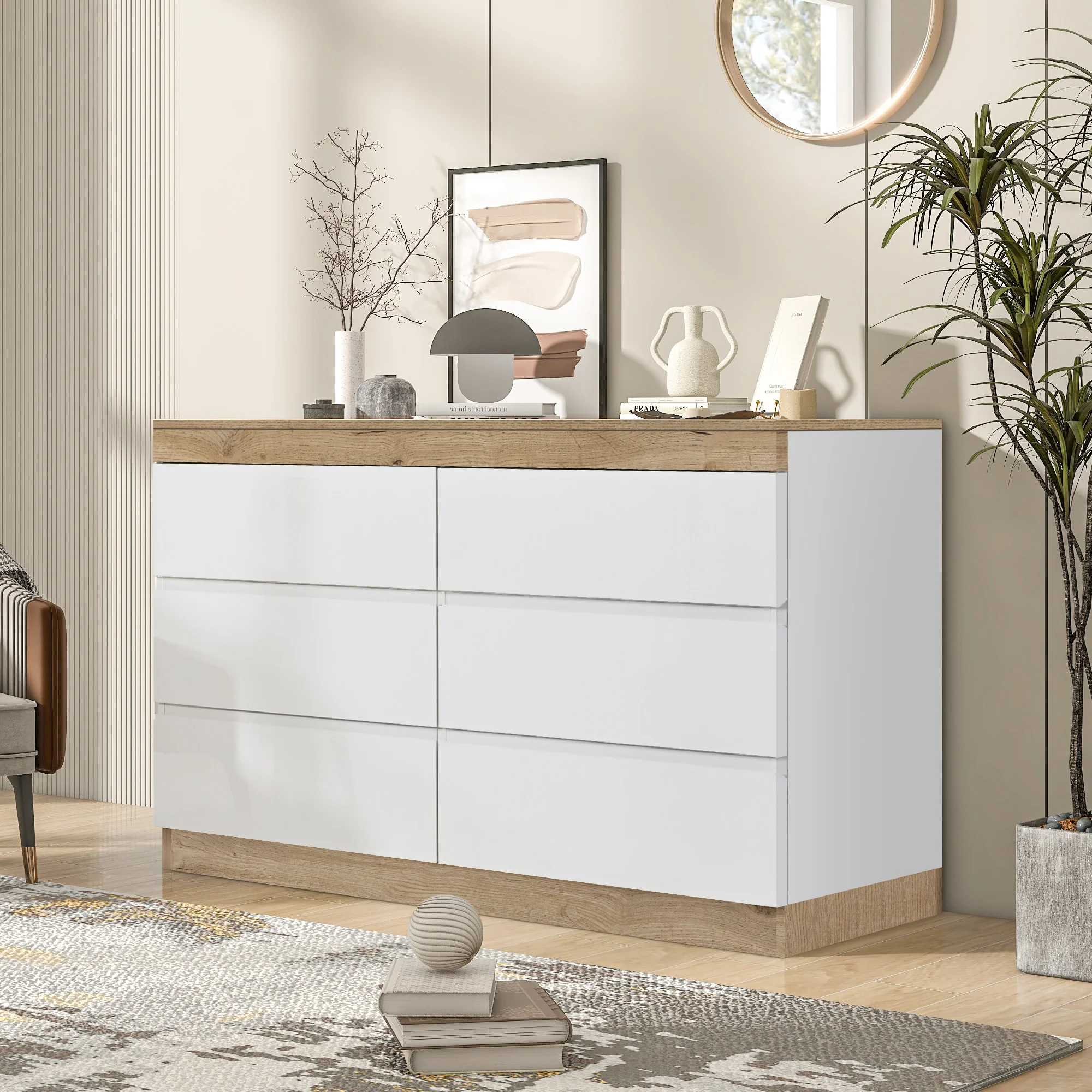 Chest of Drawers with 6 Drawers Lockable Storage for Bedroom & Living Room White/Oak E1 Chipboard - Image 2