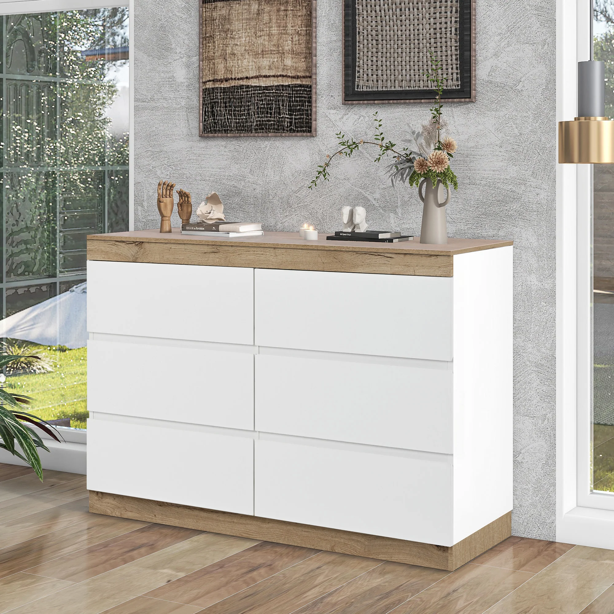 Chest of Drawers with 6 Drawers Lockable Storage for Bedroom & Living Room White/Oak E1 Chipboard - Image 3