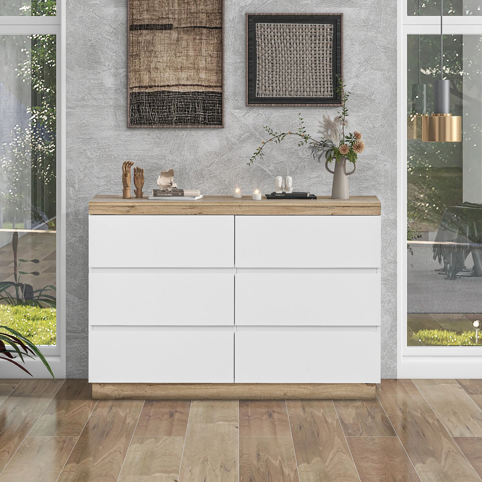 Chest of Drawers with 6 Drawers Lockable Storage for Bedroom & Living Room White/Oak E1 Chipboard - Image 4