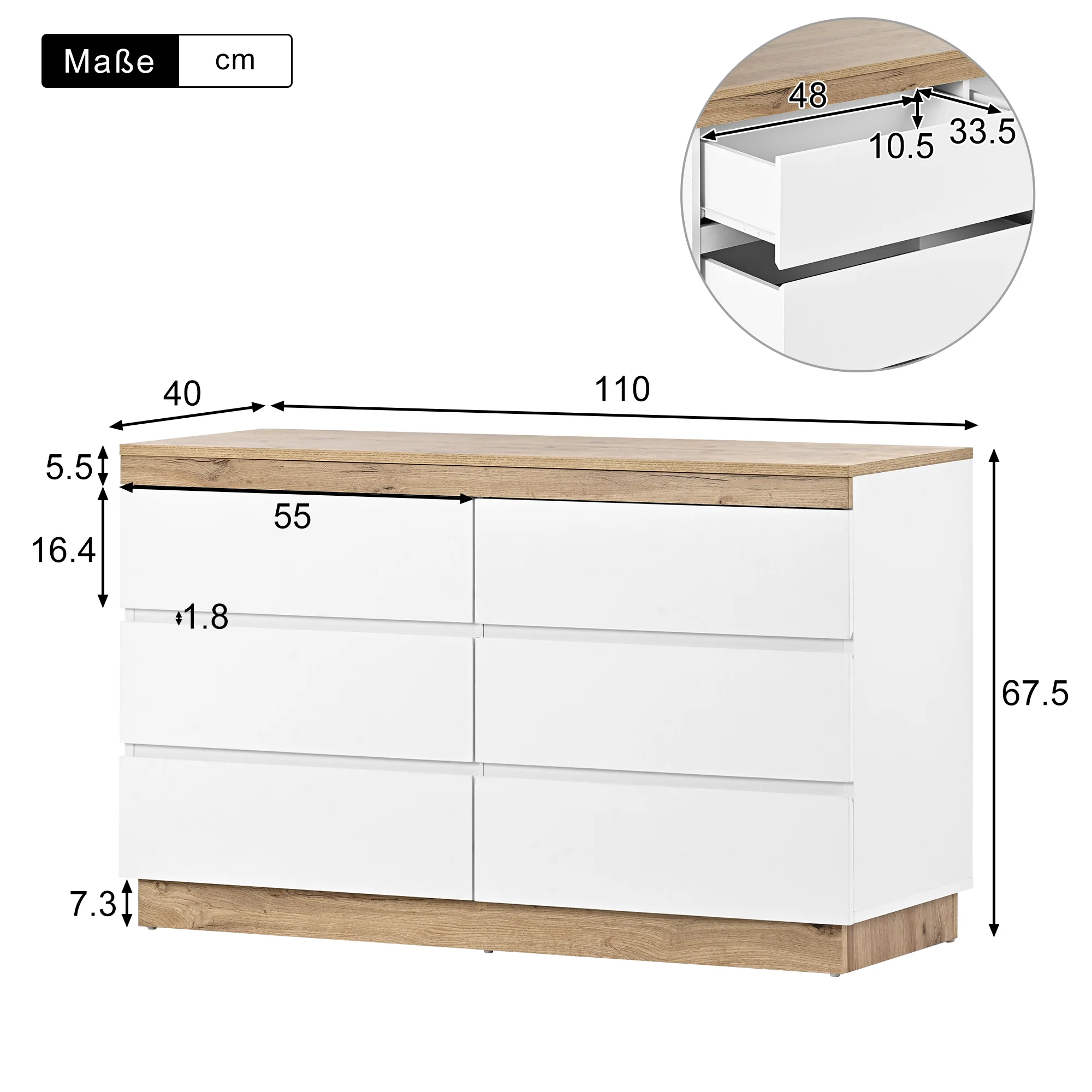 Chest of Drawers with 6 Drawers Lockable Storage for Bedroom & Living Room White/Oak E1 Chipboard - Image 6