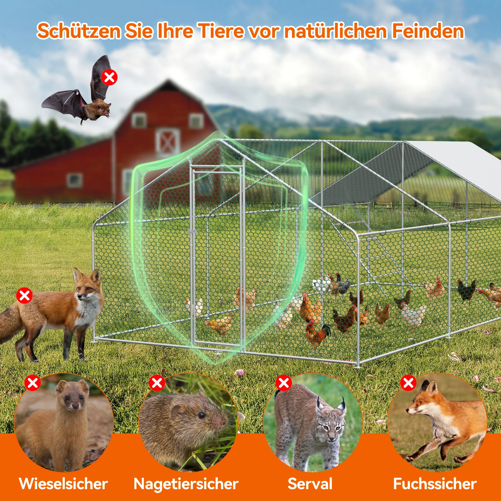 Chicken Run 3x6x2m with Safety Lock & Waterproof PE Cover - Metal - Image 6