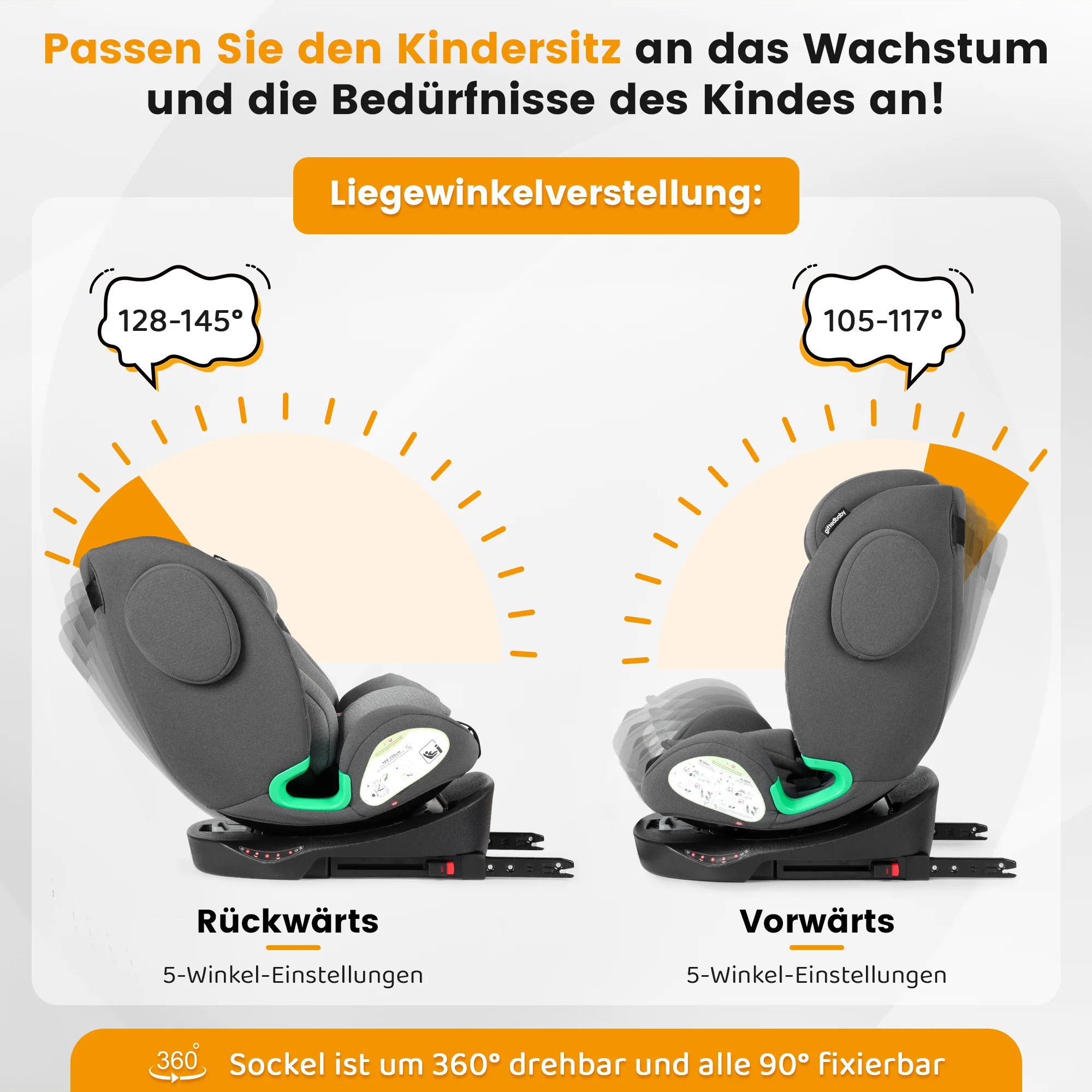 Child Car Seat 360° Rotating i-Size ISOFIX 40-150cm (0-36kg) Grey - Image 5