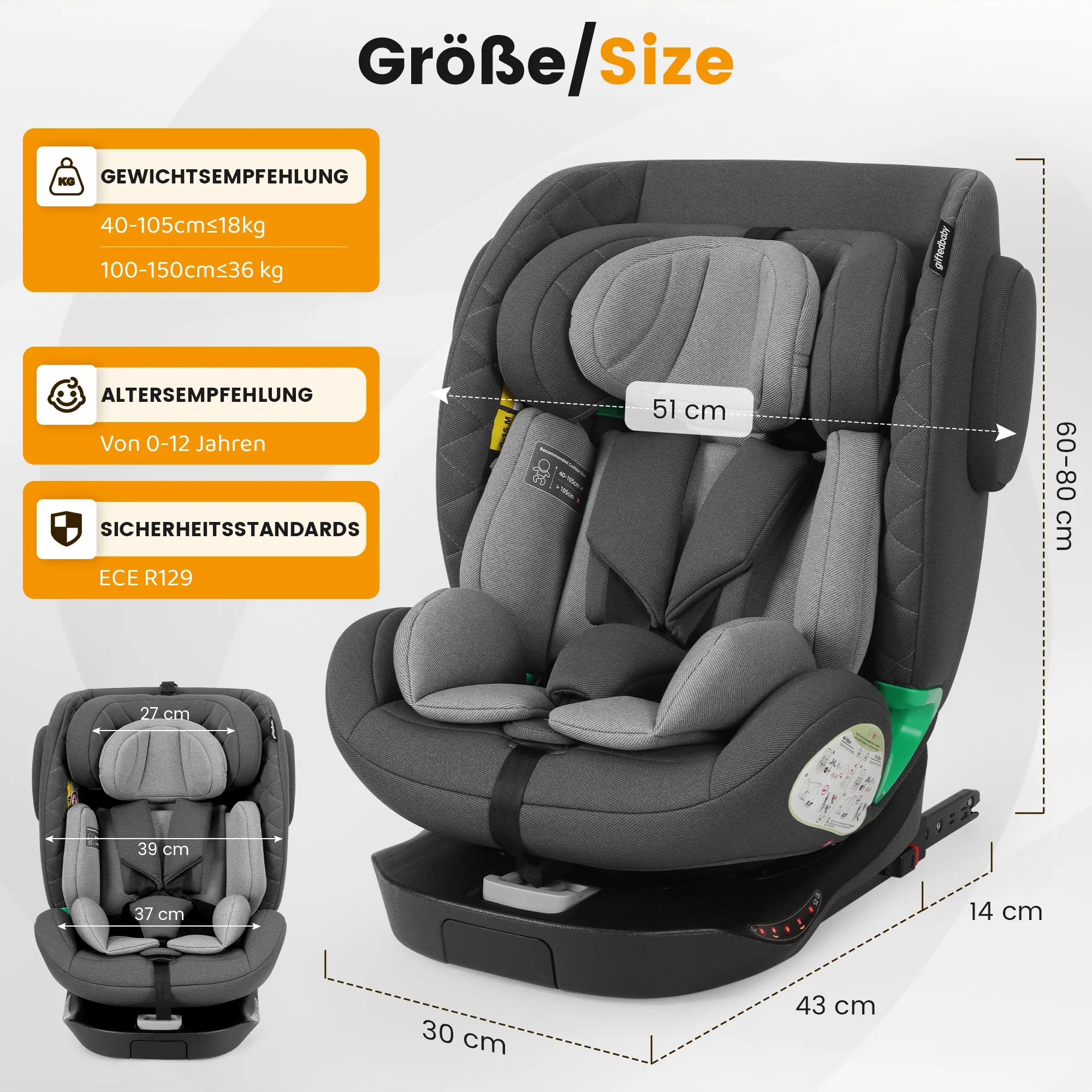 Child Car Seat 360° Rotating i-Size ISOFIX 40-150cm (0-36kg) Grey - Image 8
