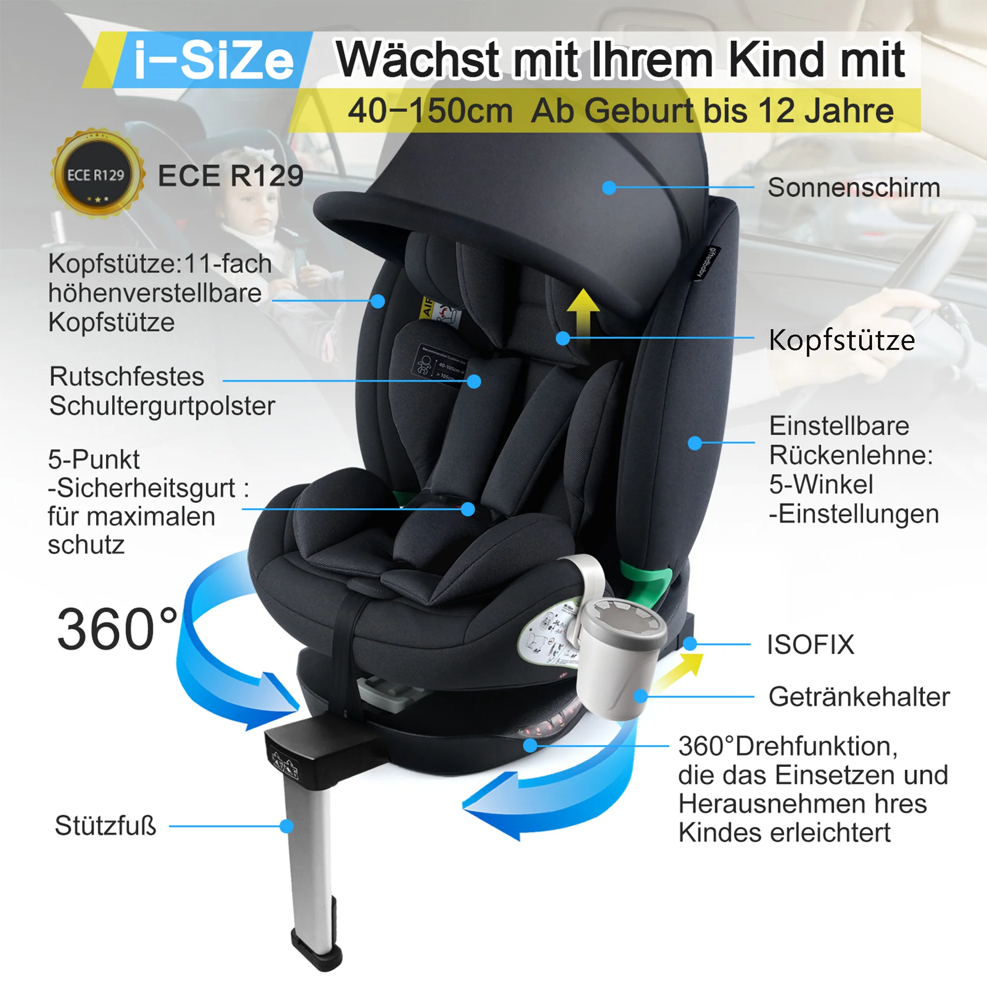 Child Car Seat i-Size 360° Rotatable ISOFIX 0-36kg with Sunshade and Cup Holder - Image 3