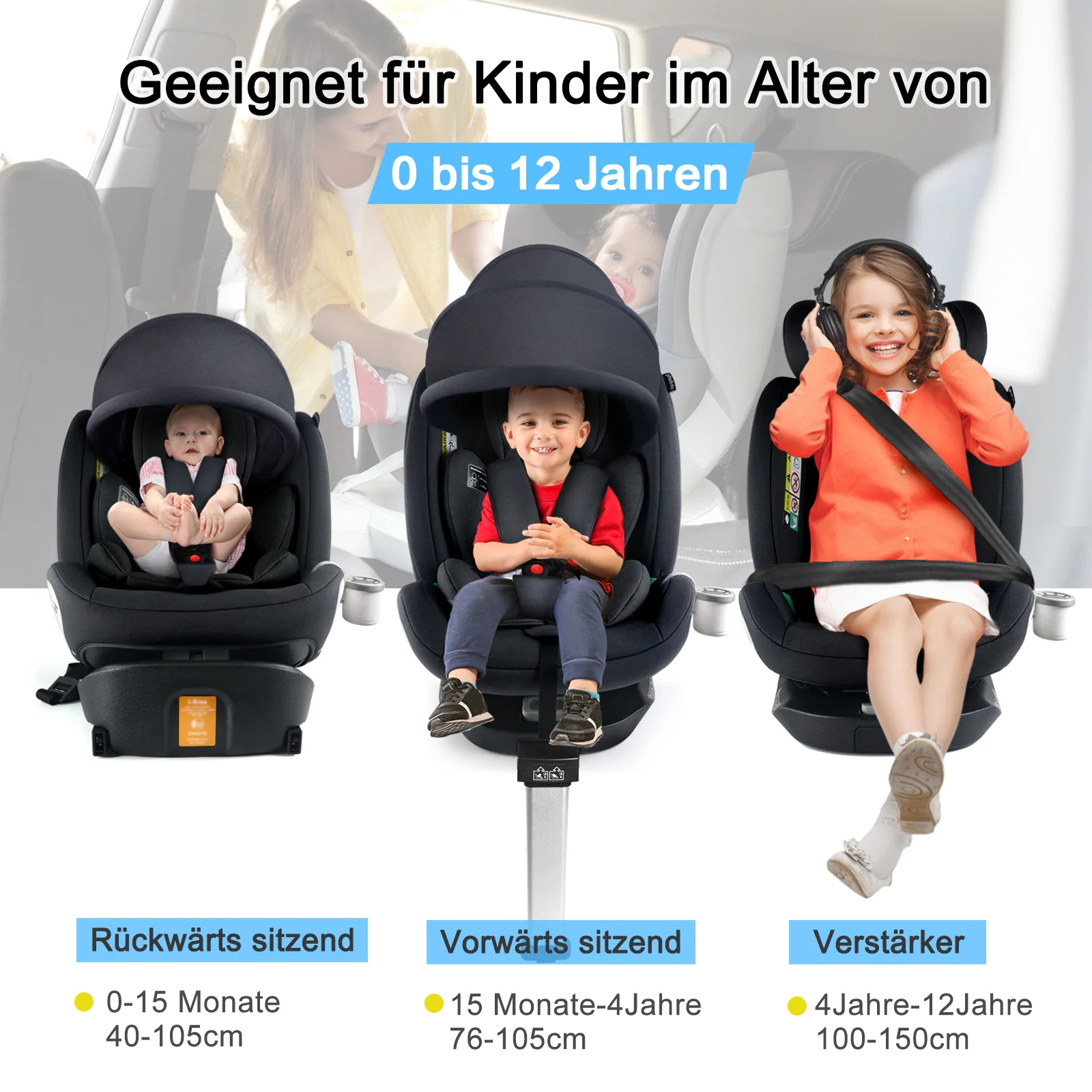 Child Car Seat i-Size 360° Rotatable ISOFIX 0-36kg with Sunshade and Cup Holder - Image 4