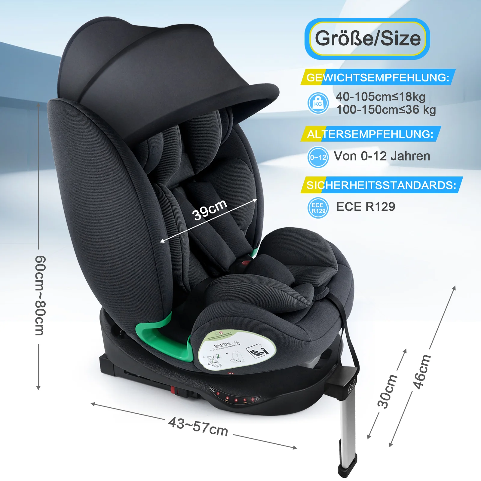 Child Car Seat i-Size 360° Rotatable ISOFIX 0-36kg with Sunshade and Cup Holder - Image 7
