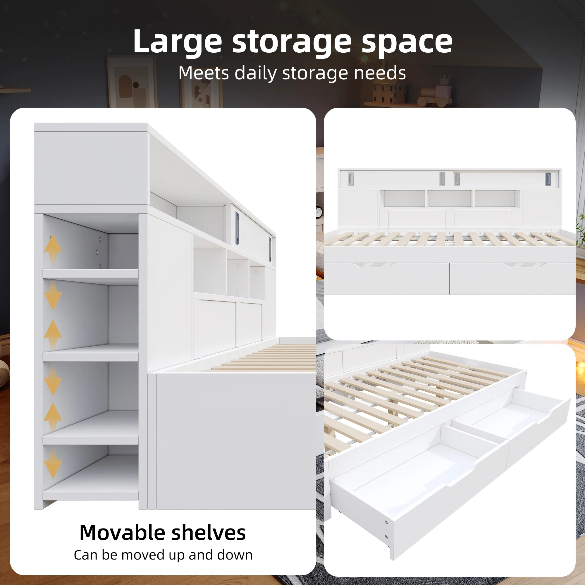 Children's Bed 135x190cm Drawers Shelves & Storage - White - Image 10