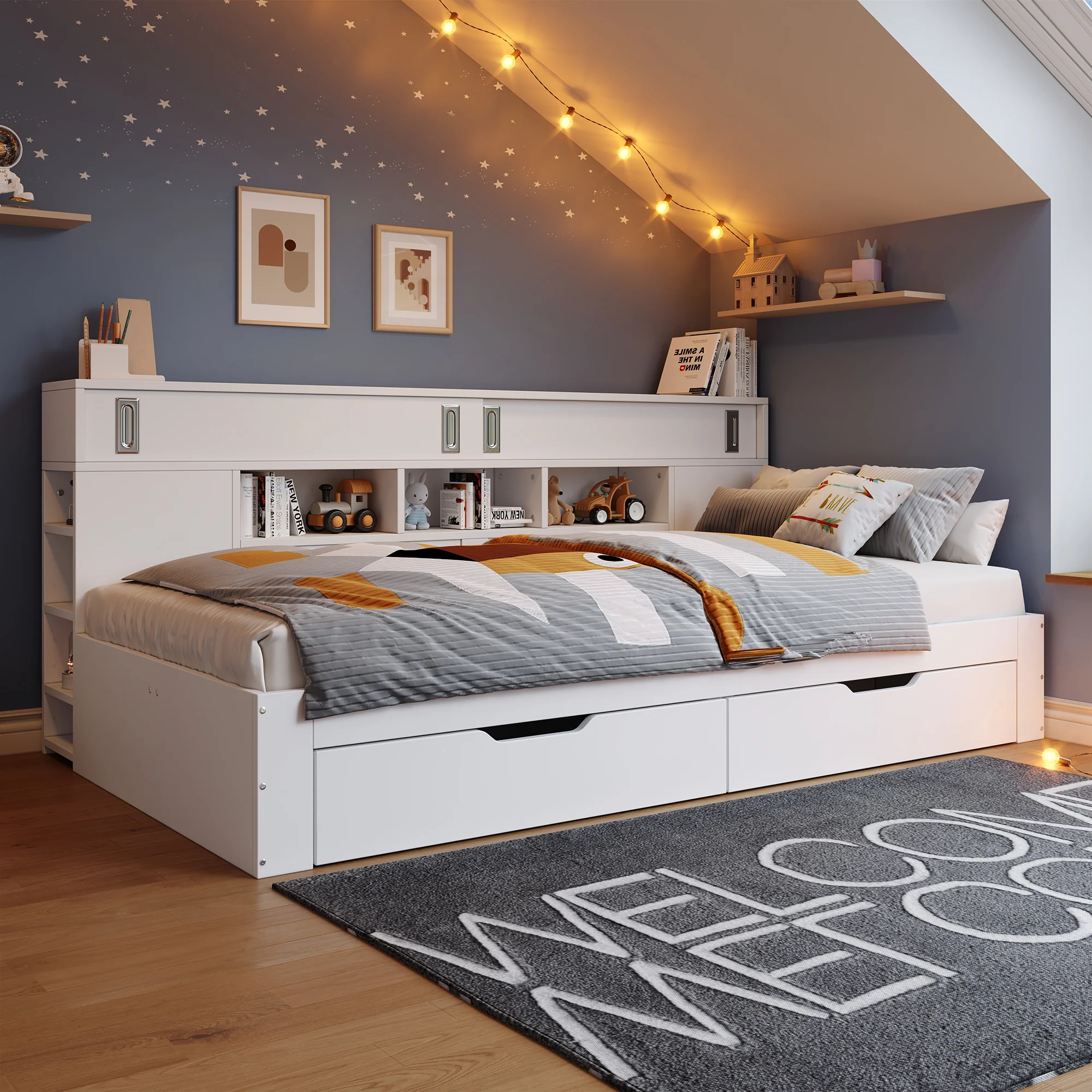 Children's Bed 135x190cm Drawers Shelves & Storage - White - Image 2
