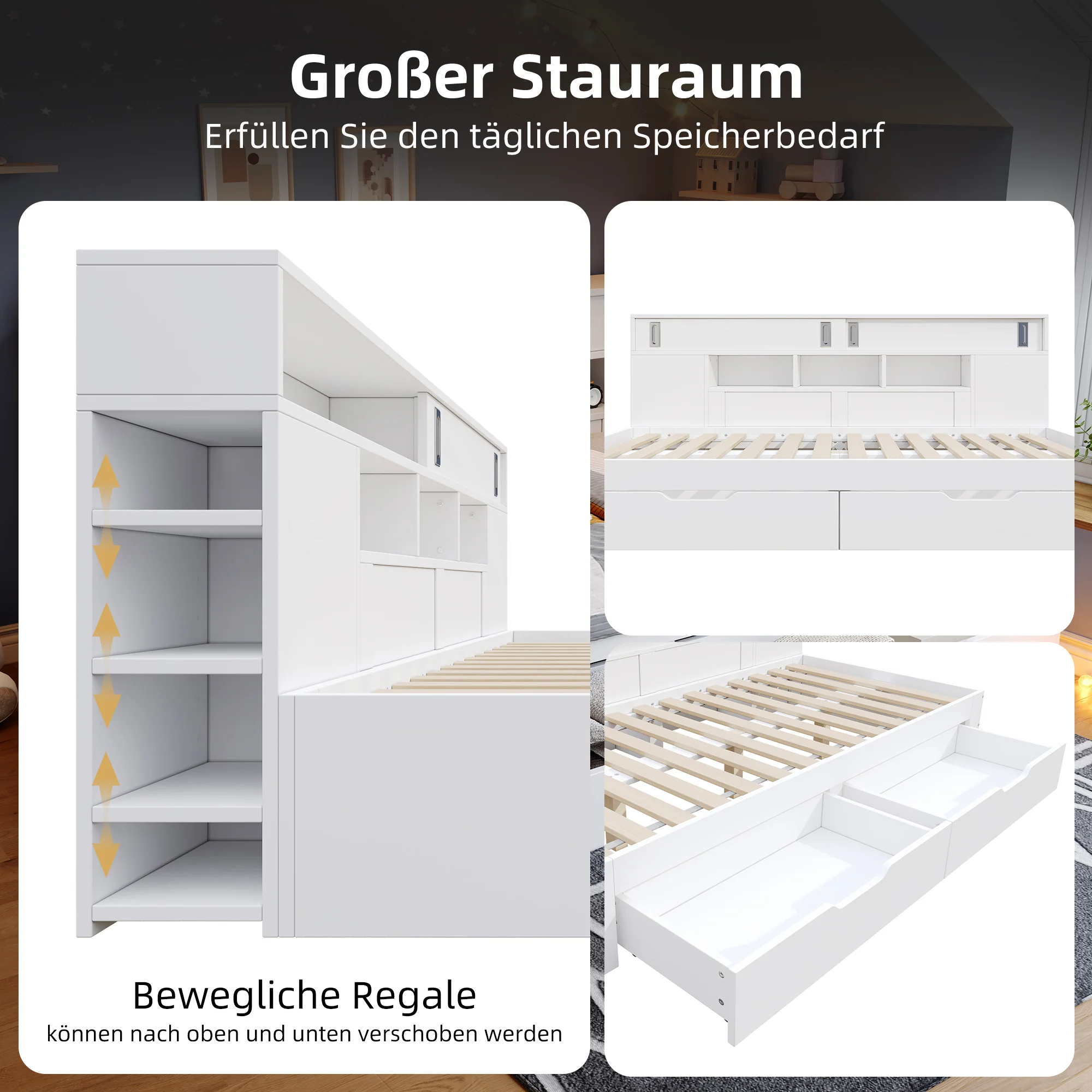 Children's Bed 135x190cm Drawers Shelves & Storage - White - Image 6
