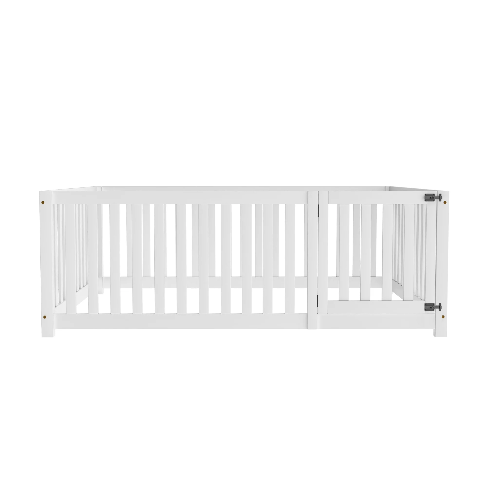 Children's bed 140 x 200, wooden floor bed frame with fence and door, white - Image 9
