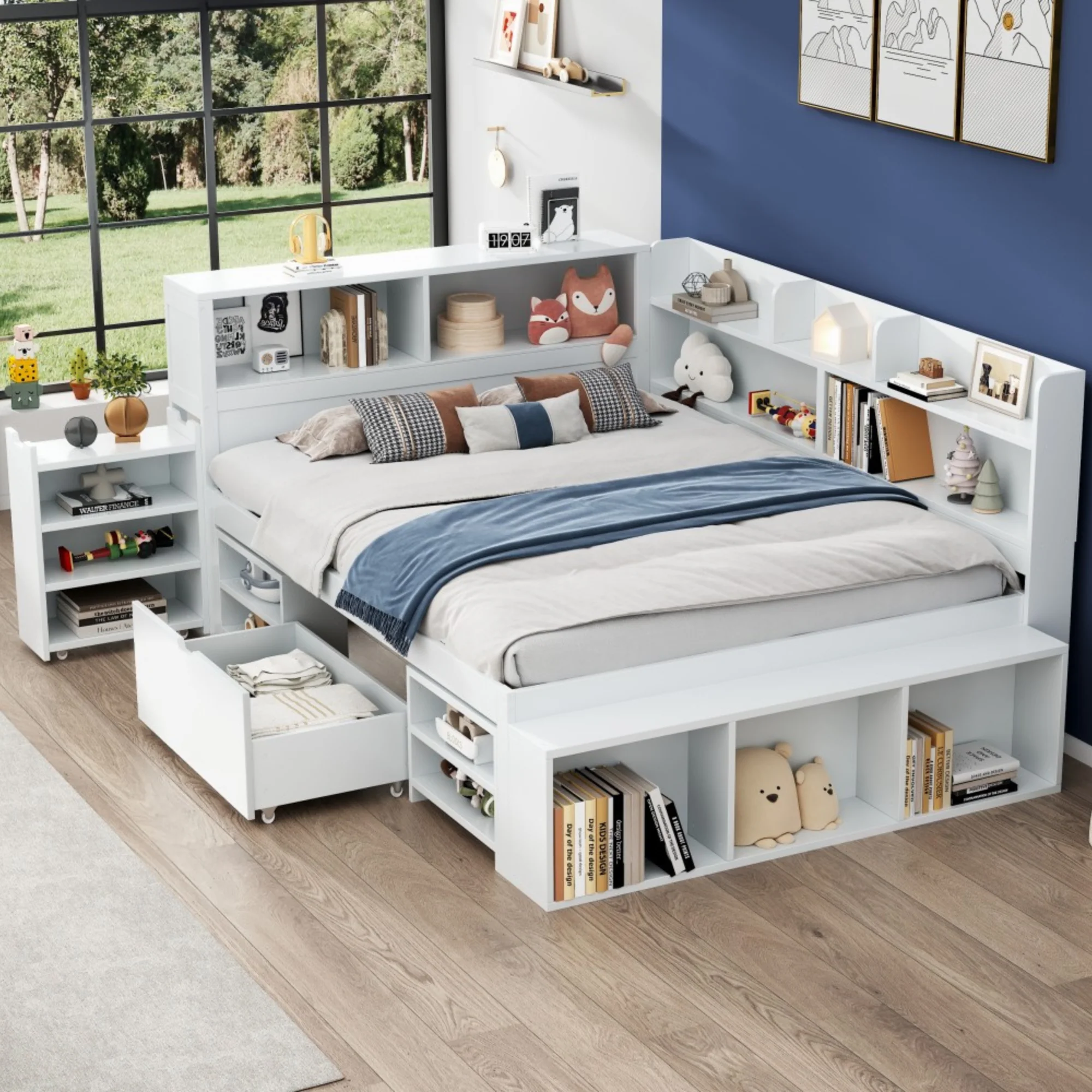 Children's Bed 140x190cm Multifunctional Storage Drawers Shelves - White