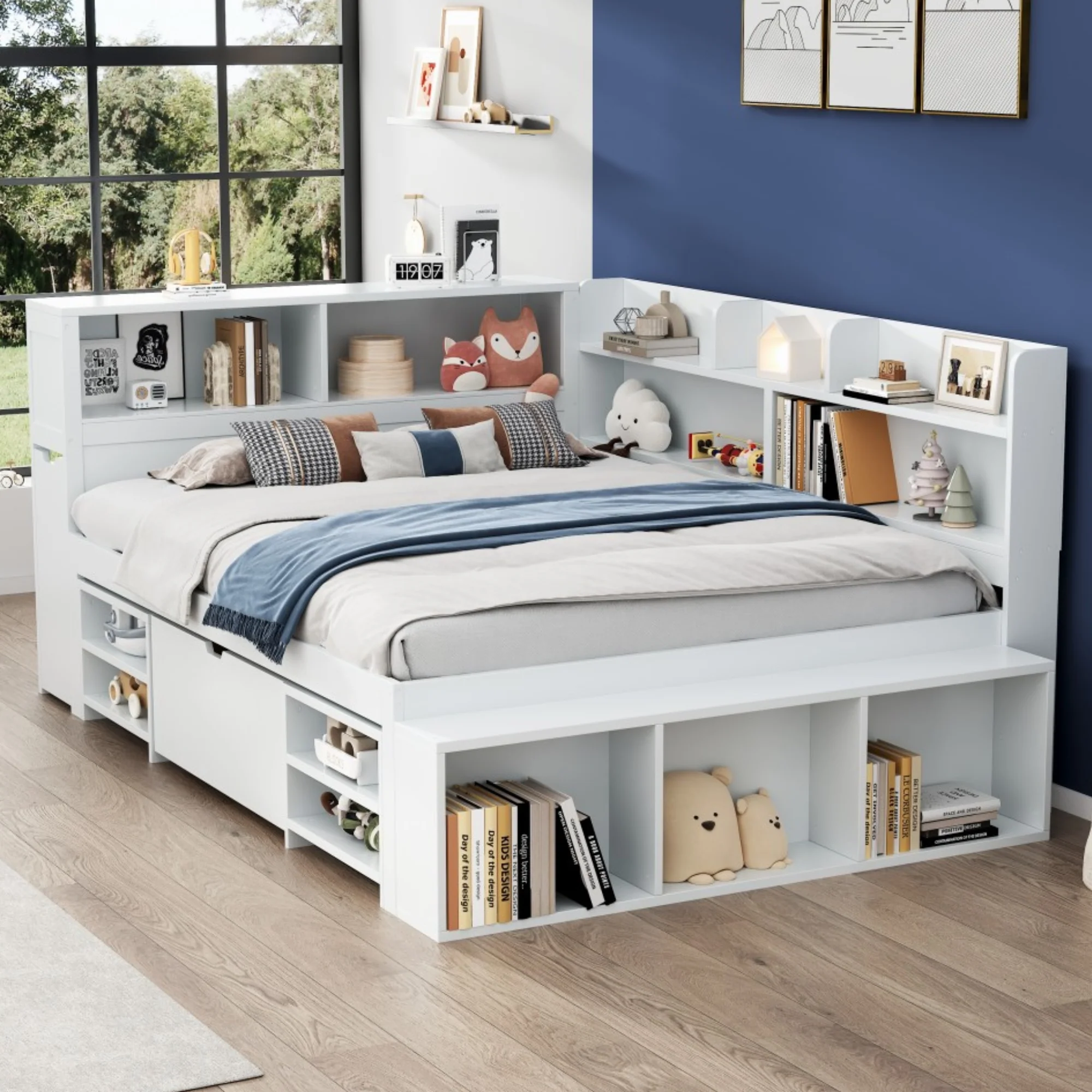 Children's Bed 140x190cm Multifunctional Storage Drawers Shelves - White - Image 2