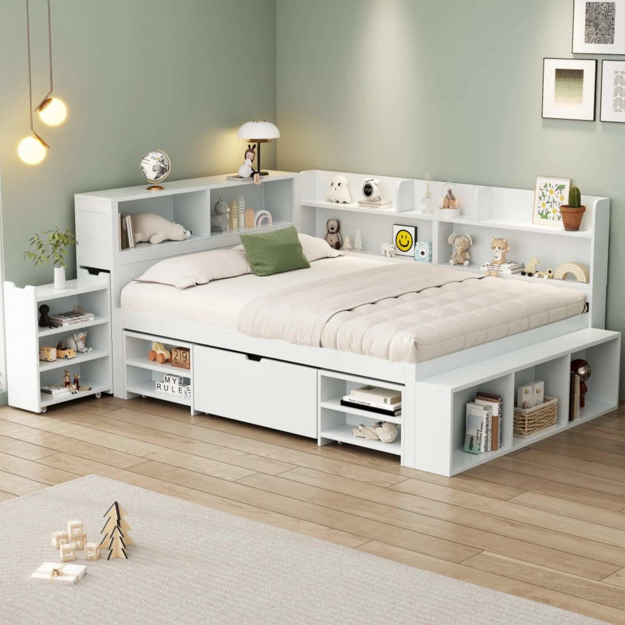 Children's Bed 140x190cm Multifunctional Storage Drawers Shelves - White - Image 3