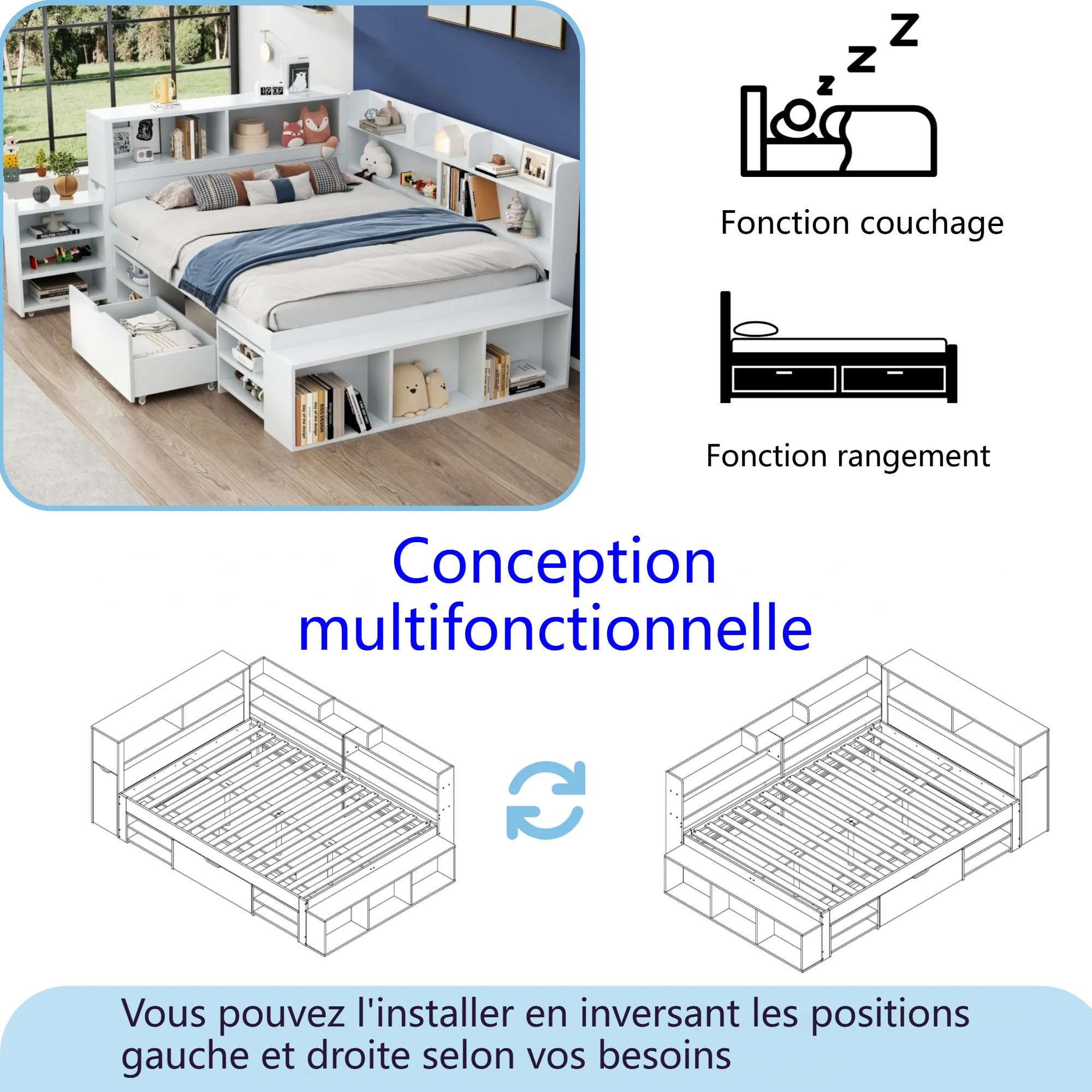 Children's Bed 140x190cm Multifunctional Storage Drawers Shelves - White - Image 4