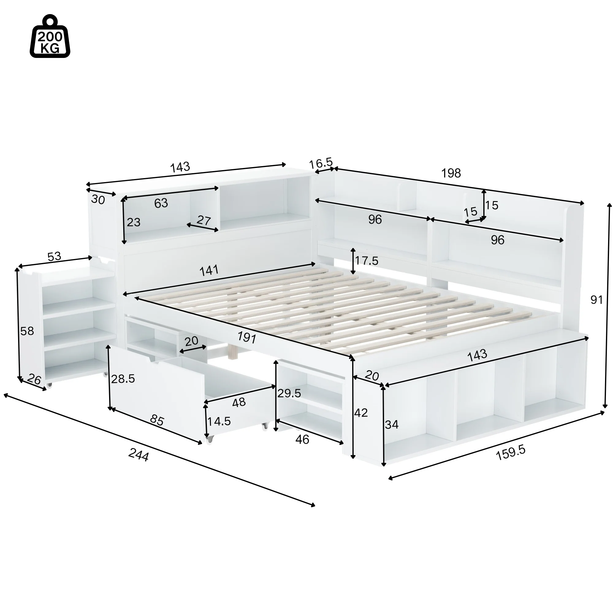 Children's Bed 140x190cm Multifunctional Storage Drawers Shelves - White - Image 5