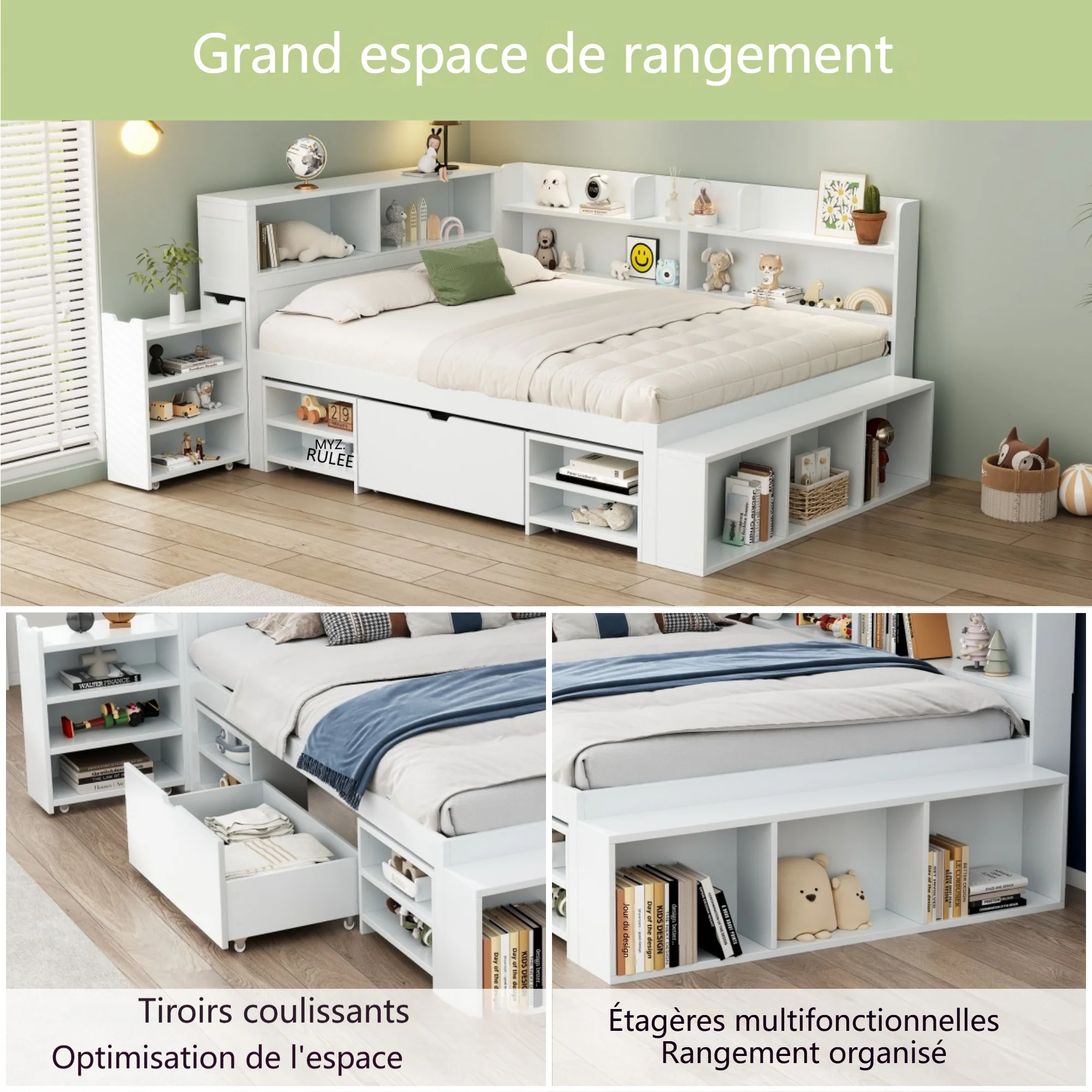 Children's Bed 140x190cm Multifunctional Storage Drawers Shelves - White - Image 6